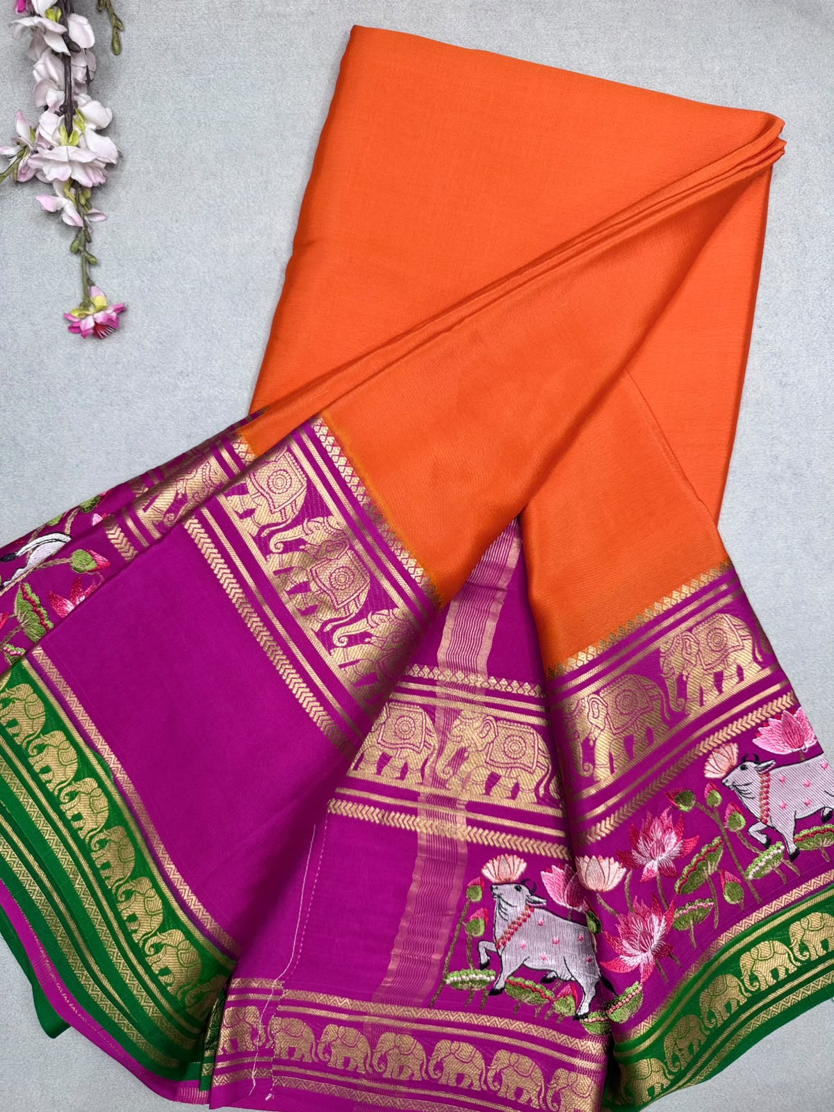 Orange Embroidery Border Pure Mysore Crepe Silk Saree 110