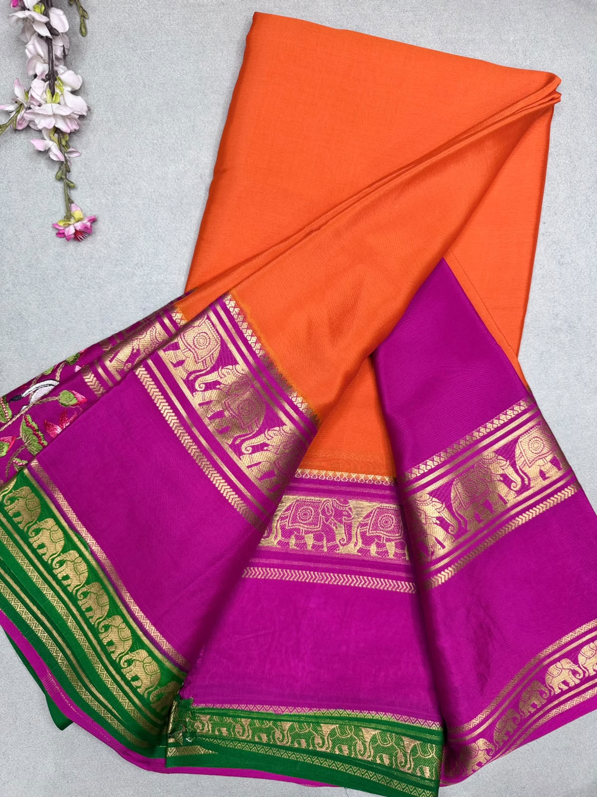 Orange Embroidery Border Pure Mysore Crepe Silk Saree 110