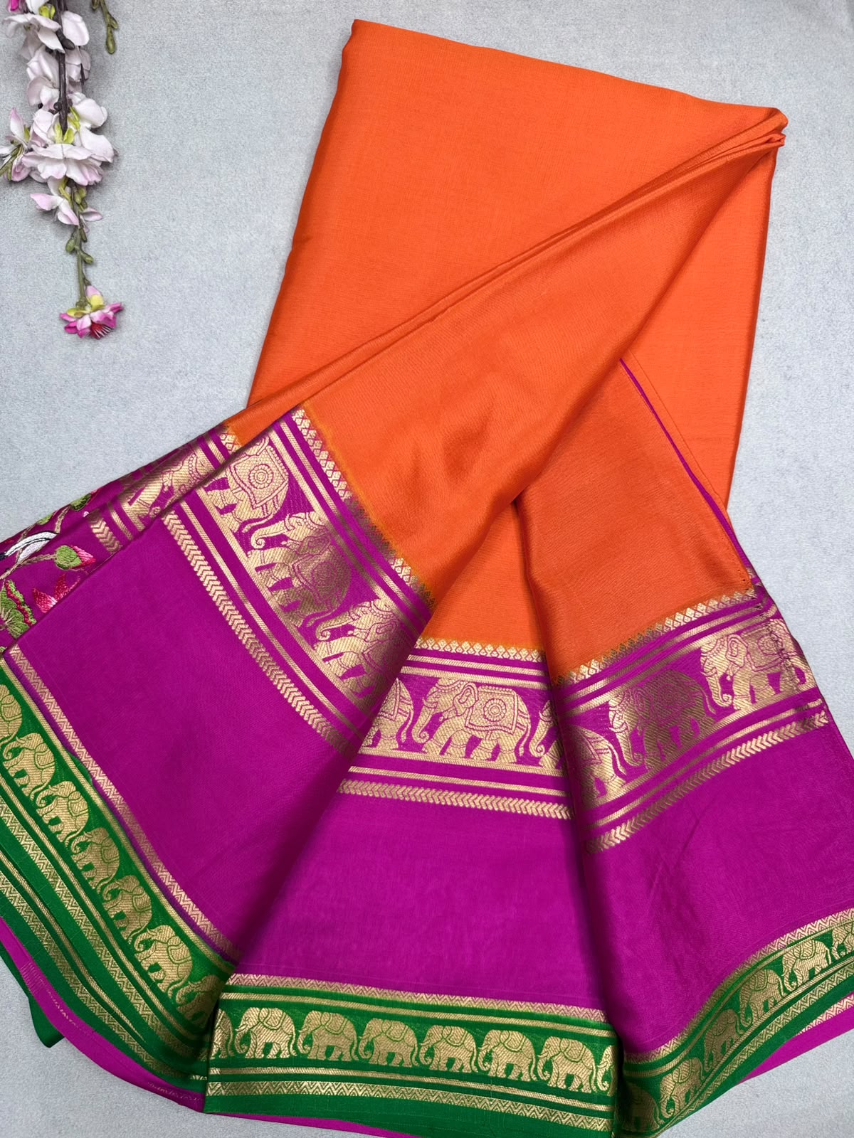 Orange Embroidery Border Pure Mysore Crepe Silk Saree 110
