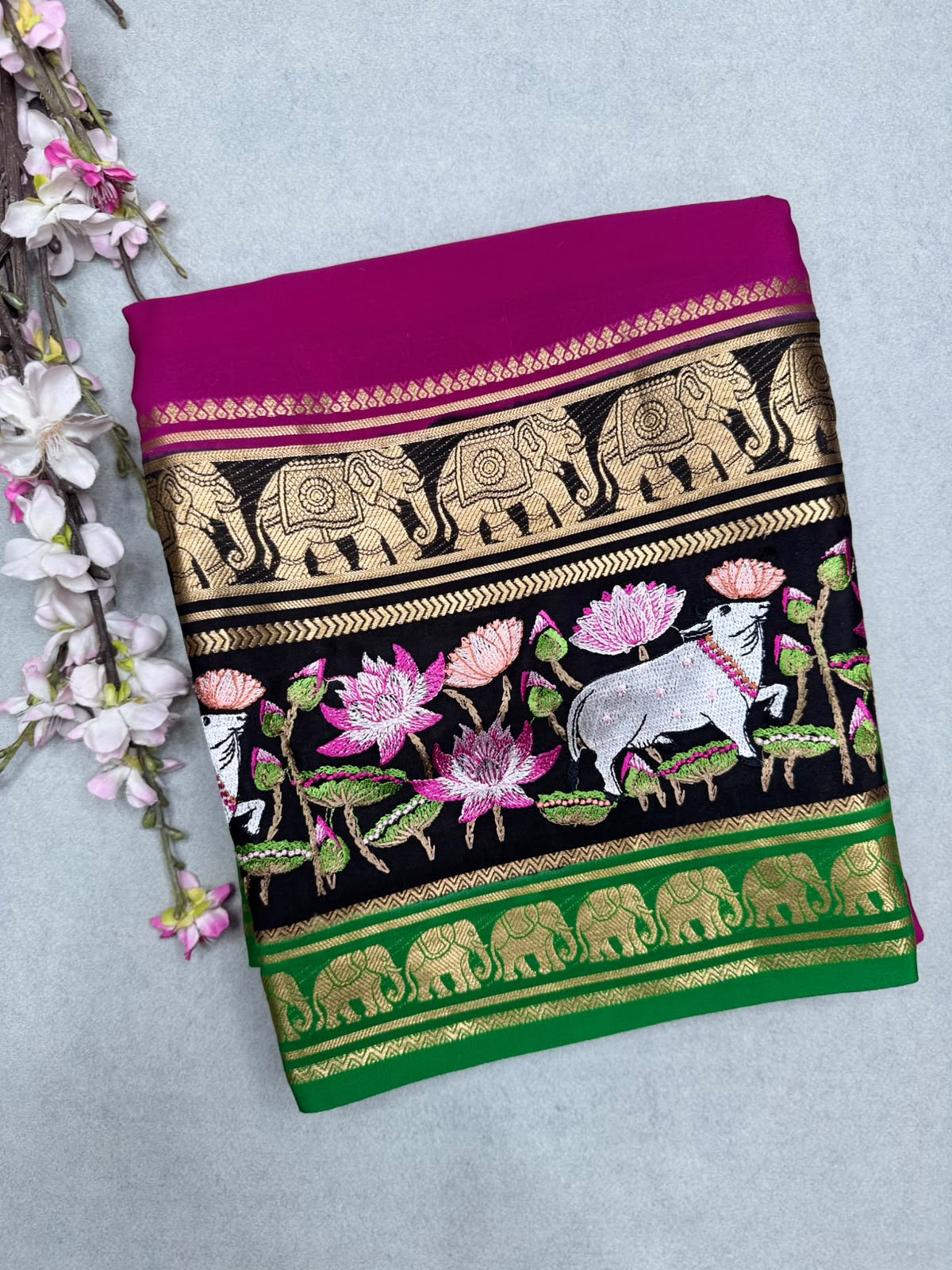 Magenta Embroidery Border Pure Mysore Crepe Silk Saree 110