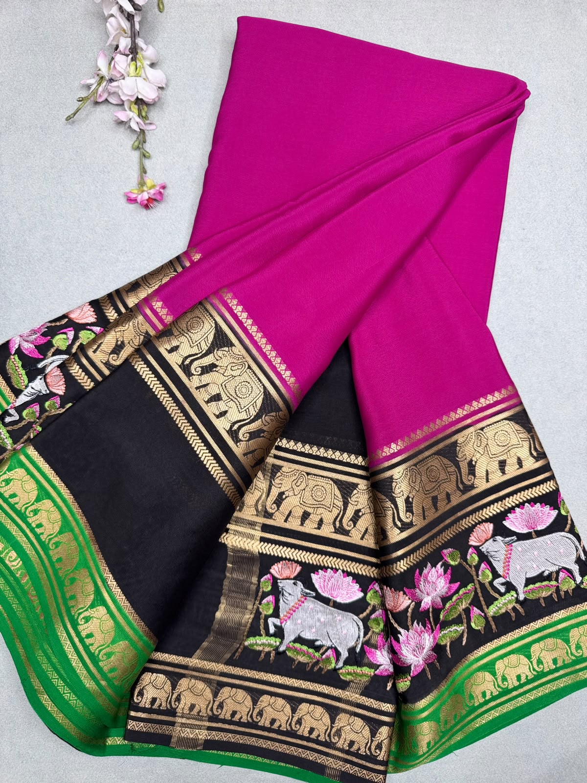Magenta Embroidery Border Pure Mysore Crepe Silk Saree 110