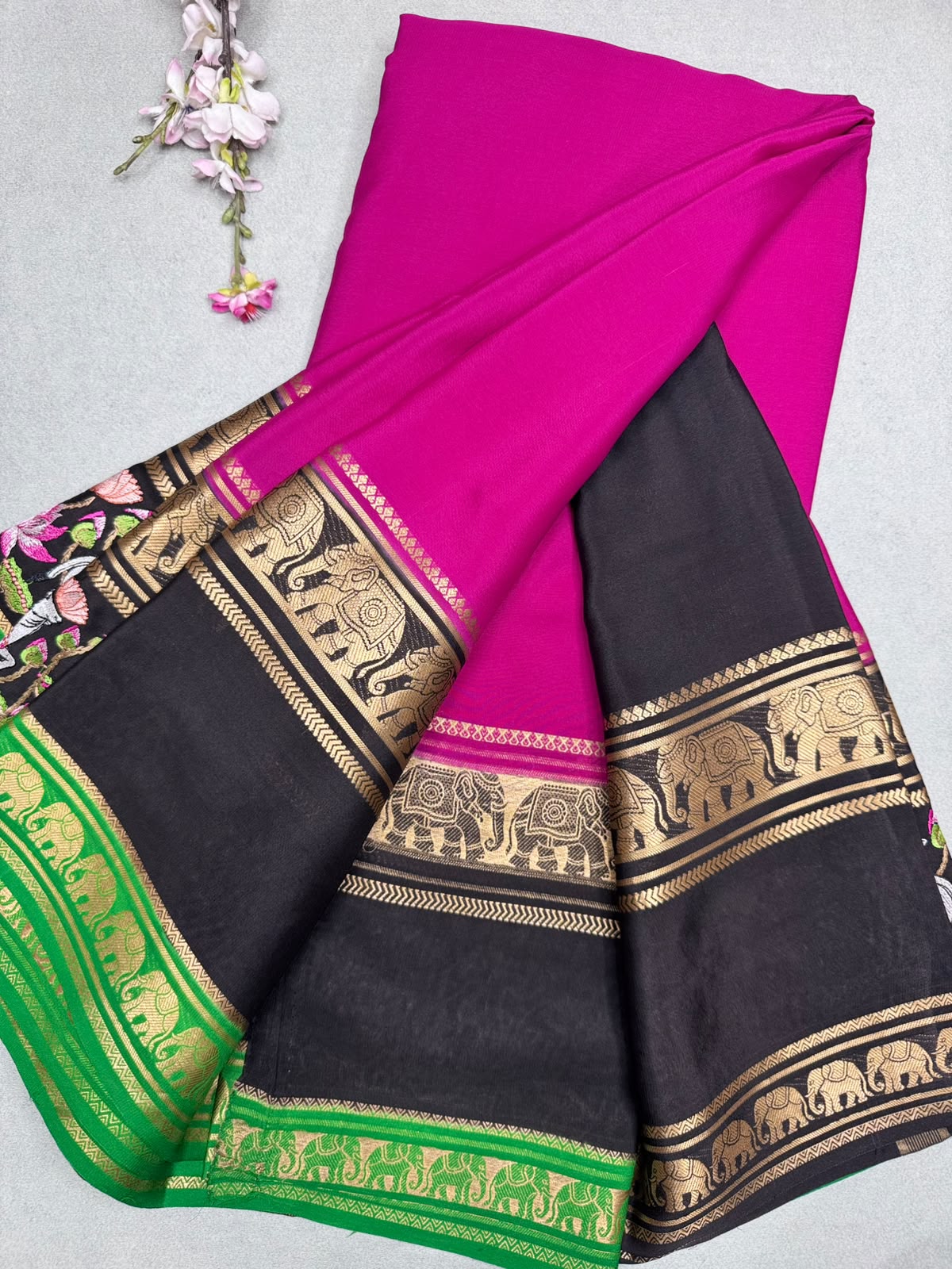 Magenta Embroidery Border Pure Mysore Crepe Silk Saree 110