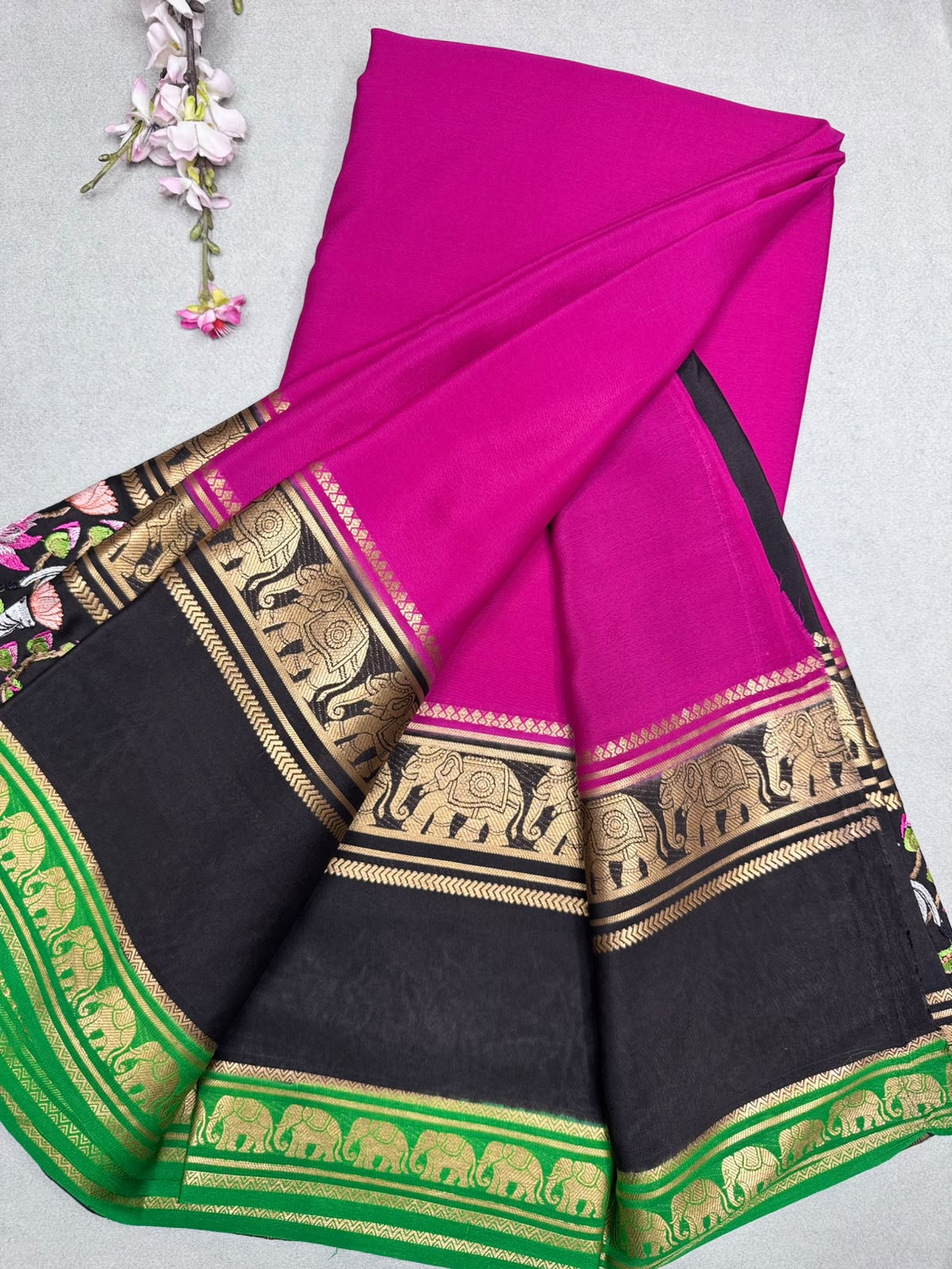 Magenta Embroidery Border Pure Mysore Crepe Silk Saree 110
