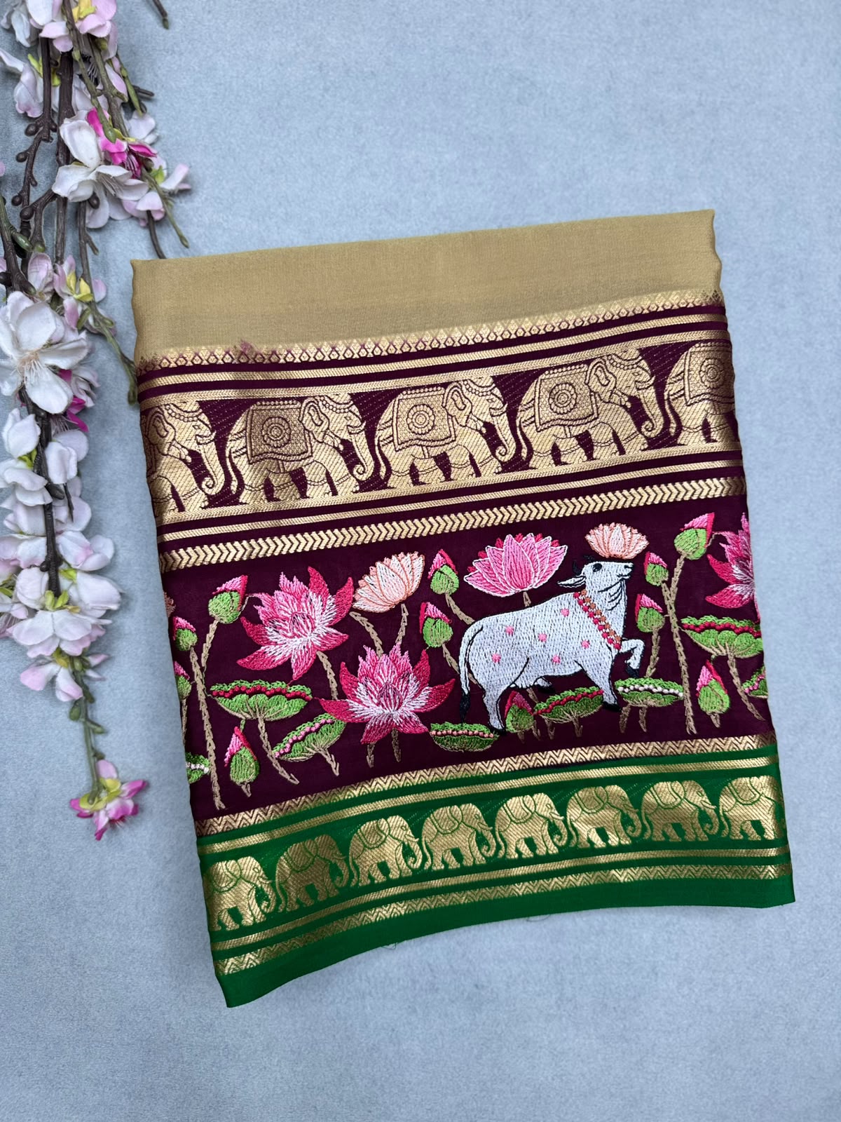 Beige Embroidery Border Pure Mysore Crepe Silk Saree 110