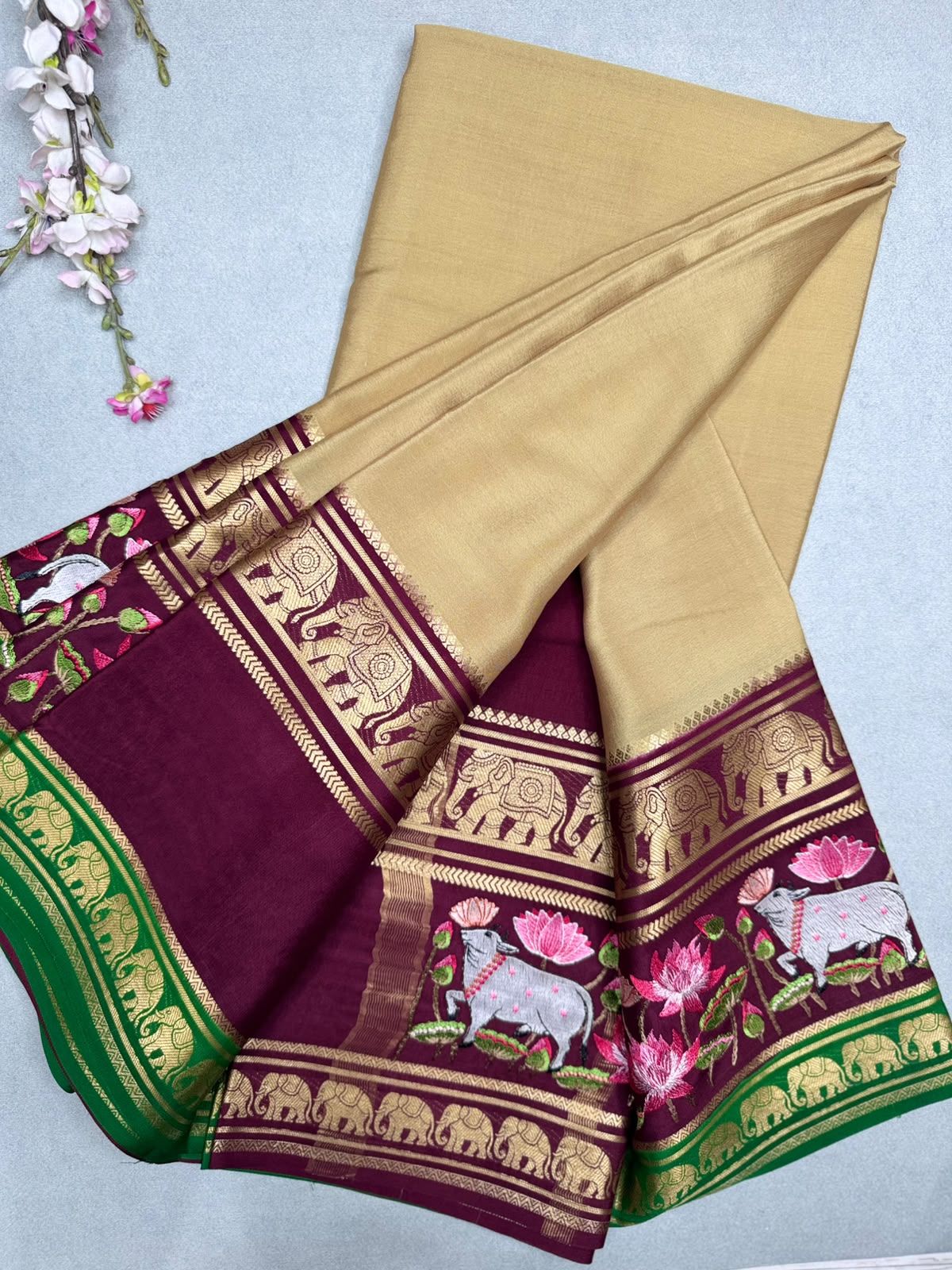 Beige Embroidery Border Pure Mysore Crepe Silk Saree 110
