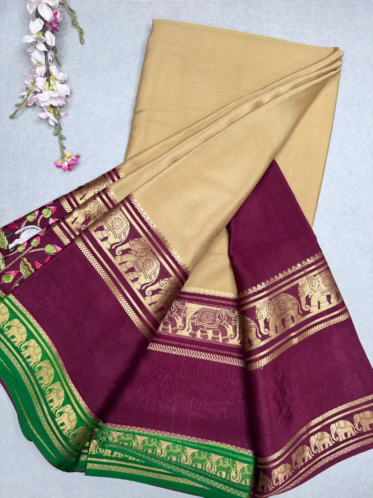 Beige Embroidery Border Pure Mysore Crepe Silk Saree 110