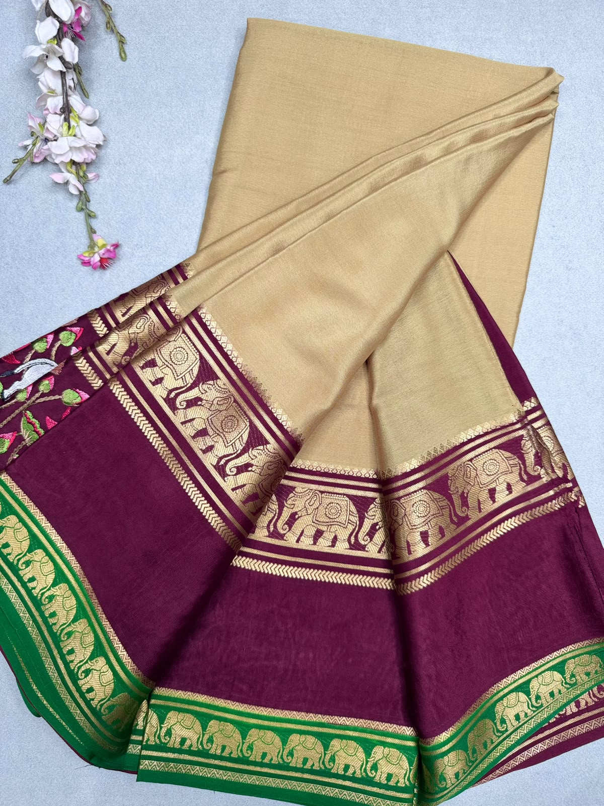 Beige Embroidery Border Pure Mysore Crepe Silk Saree 110