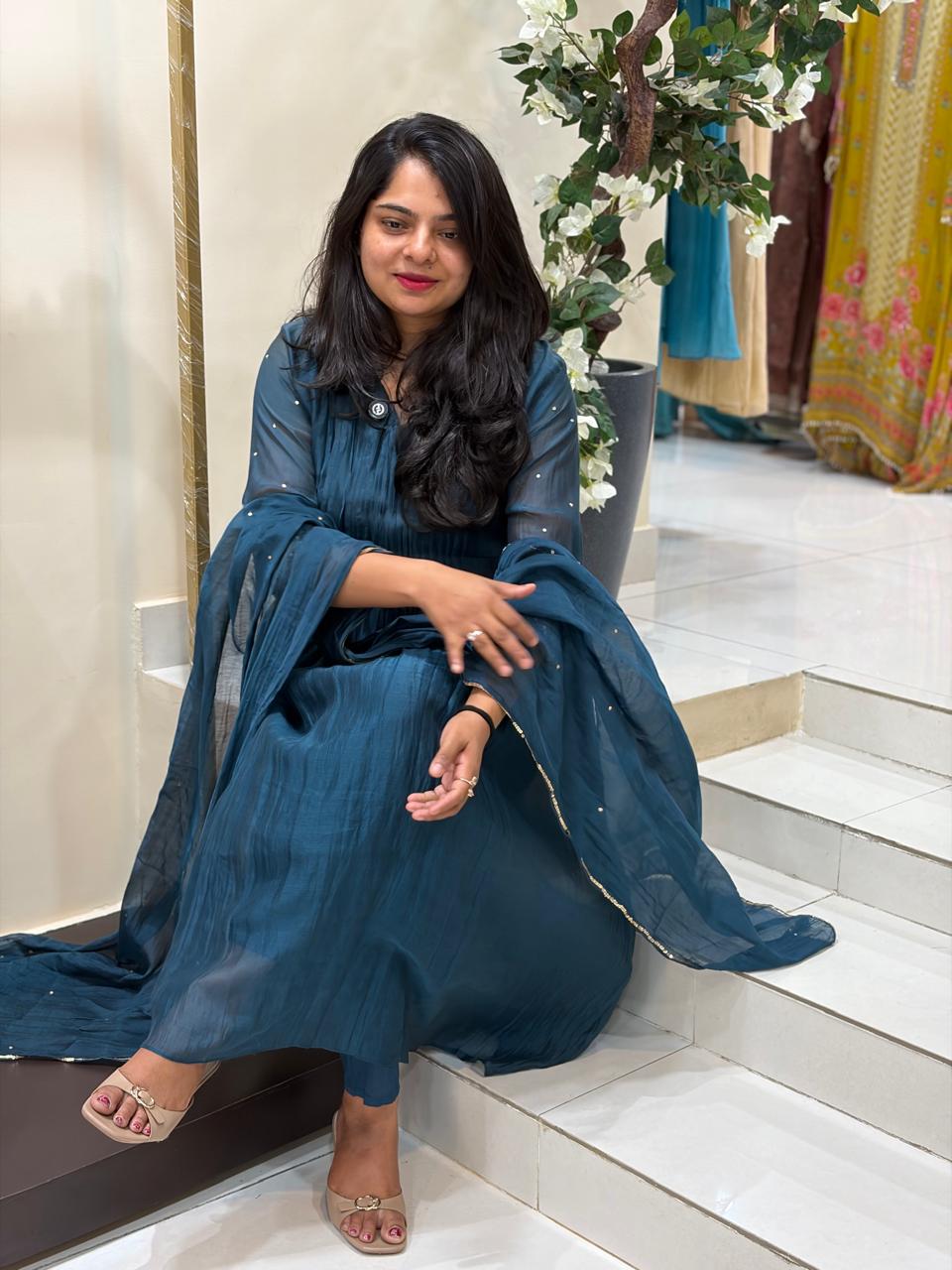 Peacock Blue Mul Chanderi Hand Embroidery Airline Kurtha 514
