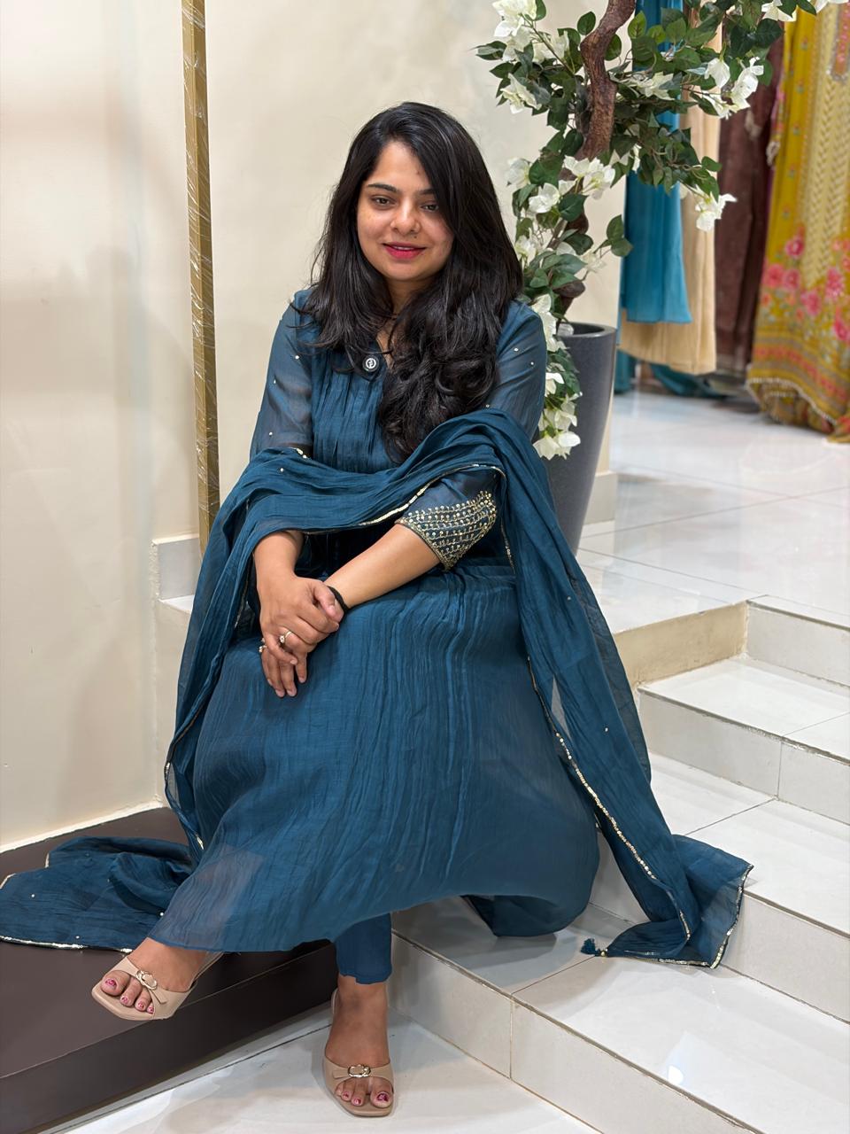 Peacock Blue Mul Chanderi Hand Embroidery Airline Kurtha 514