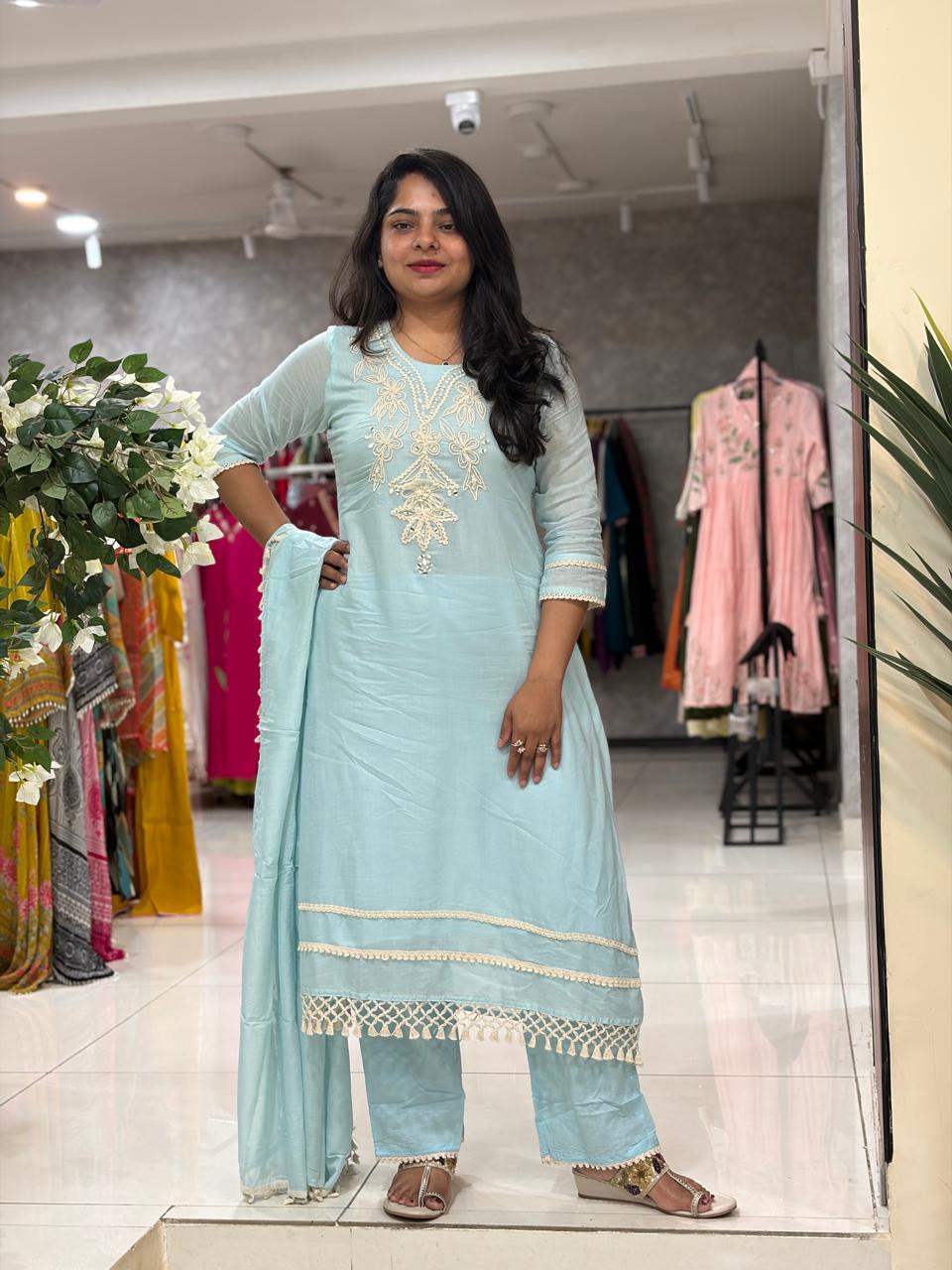 Sky Blue Embriodery mul Cotton A Line Kurtha 151