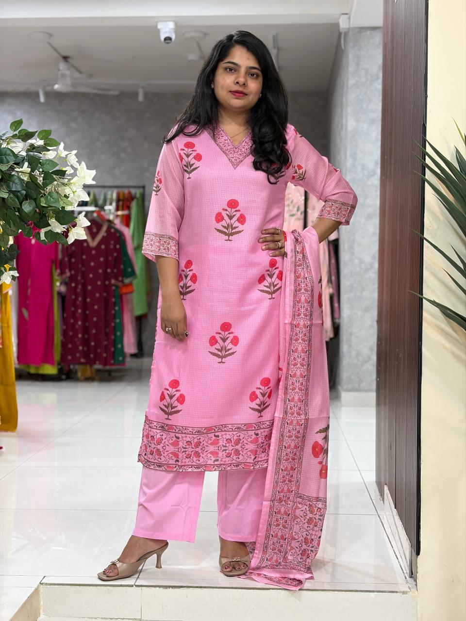 Baby Pink Kota Silk Thread Embroidery straight fit Kurtha 643