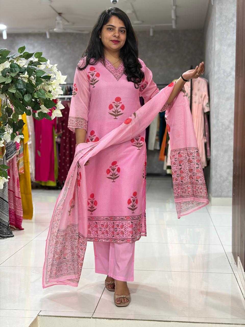 Baby Pink Kota Silk Thread Embroidery straight fit Kurtha 643