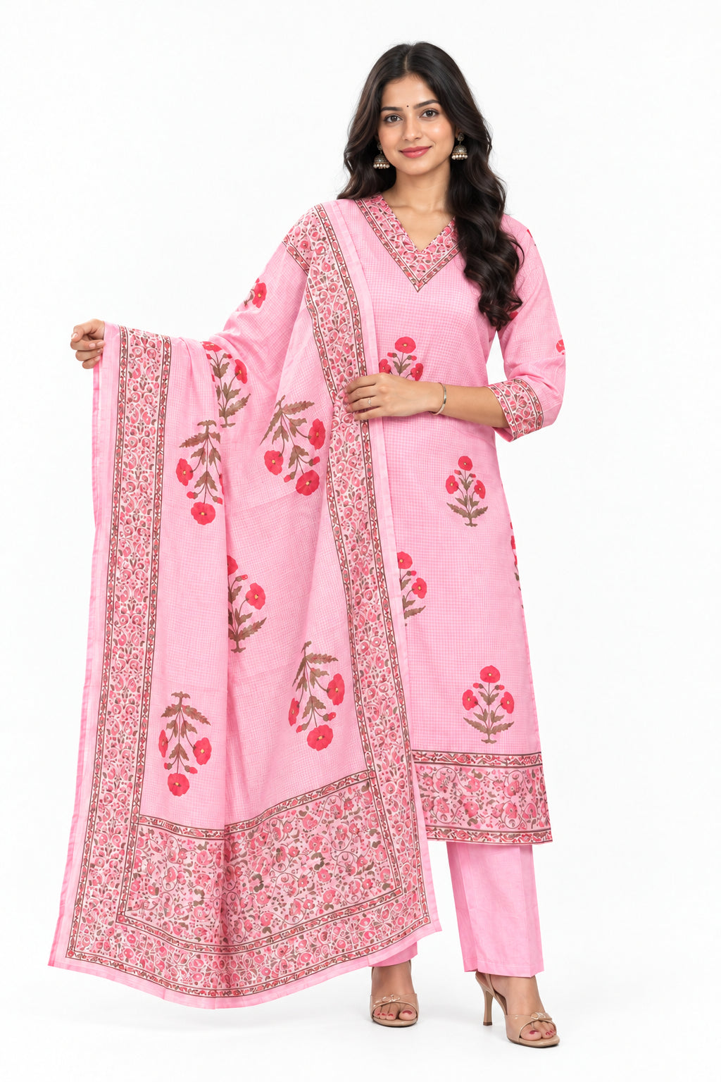 Baby Pink Kota Silk Thread Embroidery straight fit Kurtha 643