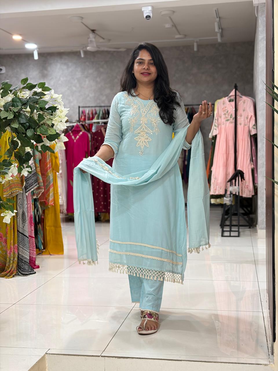 Sky Blue Embriodery mul Cotton A Line Kurtha 151