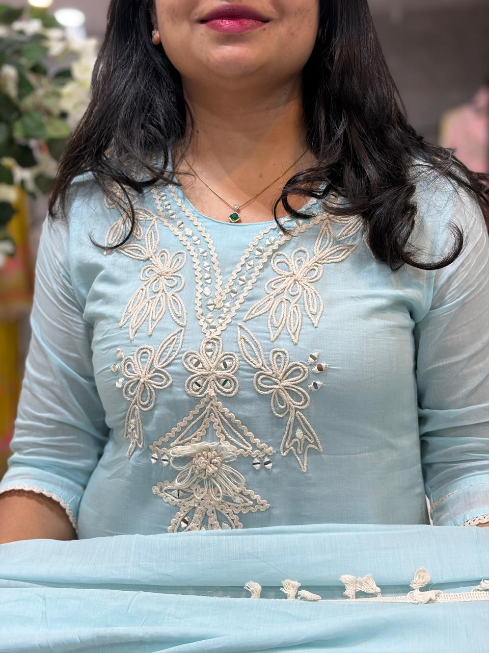 Sky Blue Embriodery mul Cotton A Line Kurtha 151