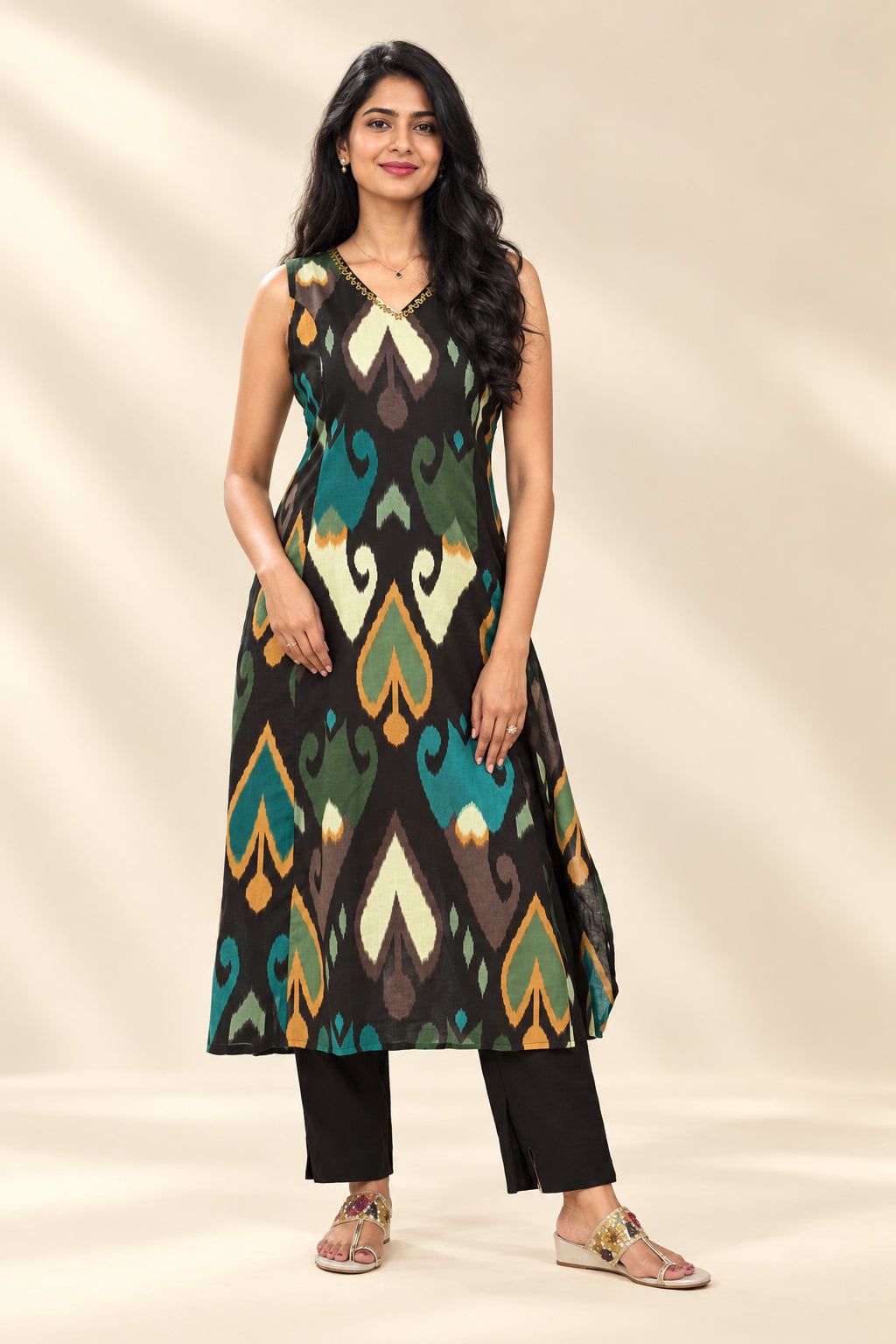 Brown Cotton Hand Embroidery Cord Set Kurtha 487