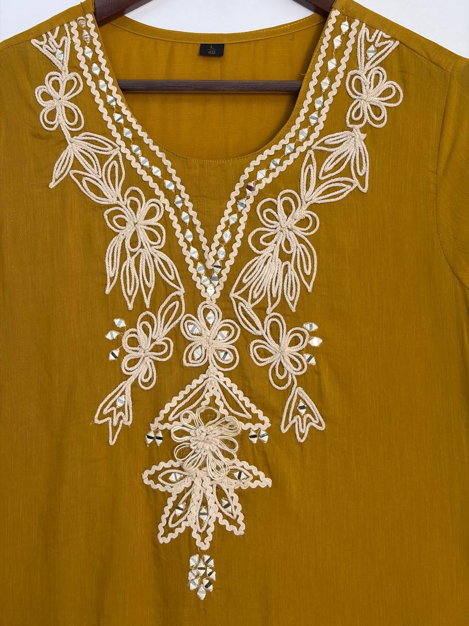 Musturd Yellow Embriodery mul Cotton A Line Kurtha 151