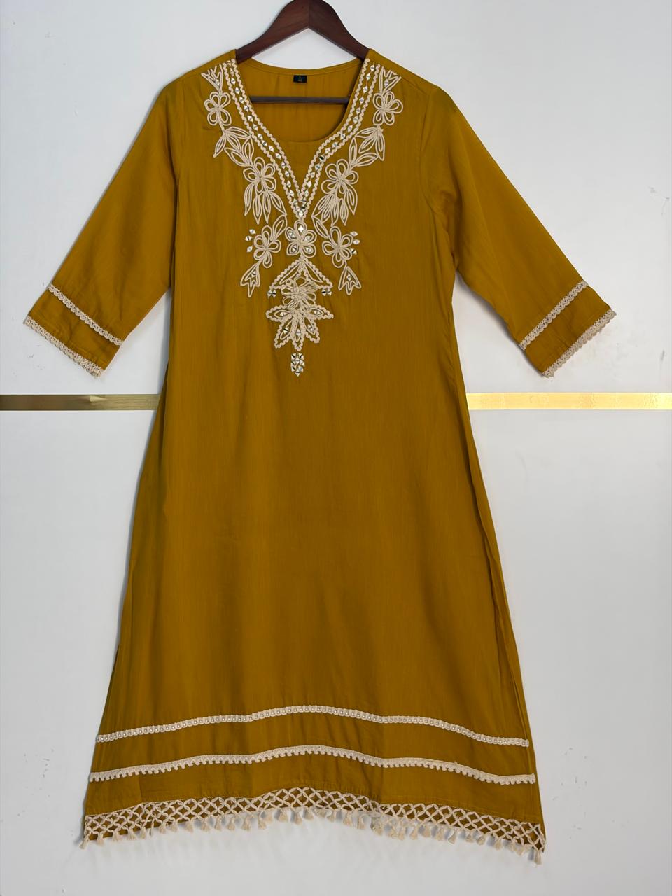 Musturd Yellow Embriodery mul Cotton A Line Kurtha 151