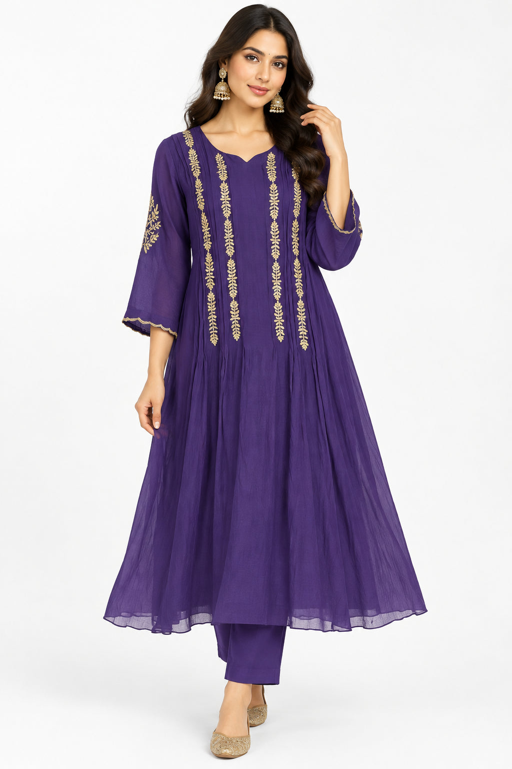Purple Mul Chanderi Hand Embroidery Airline Kurtha 514