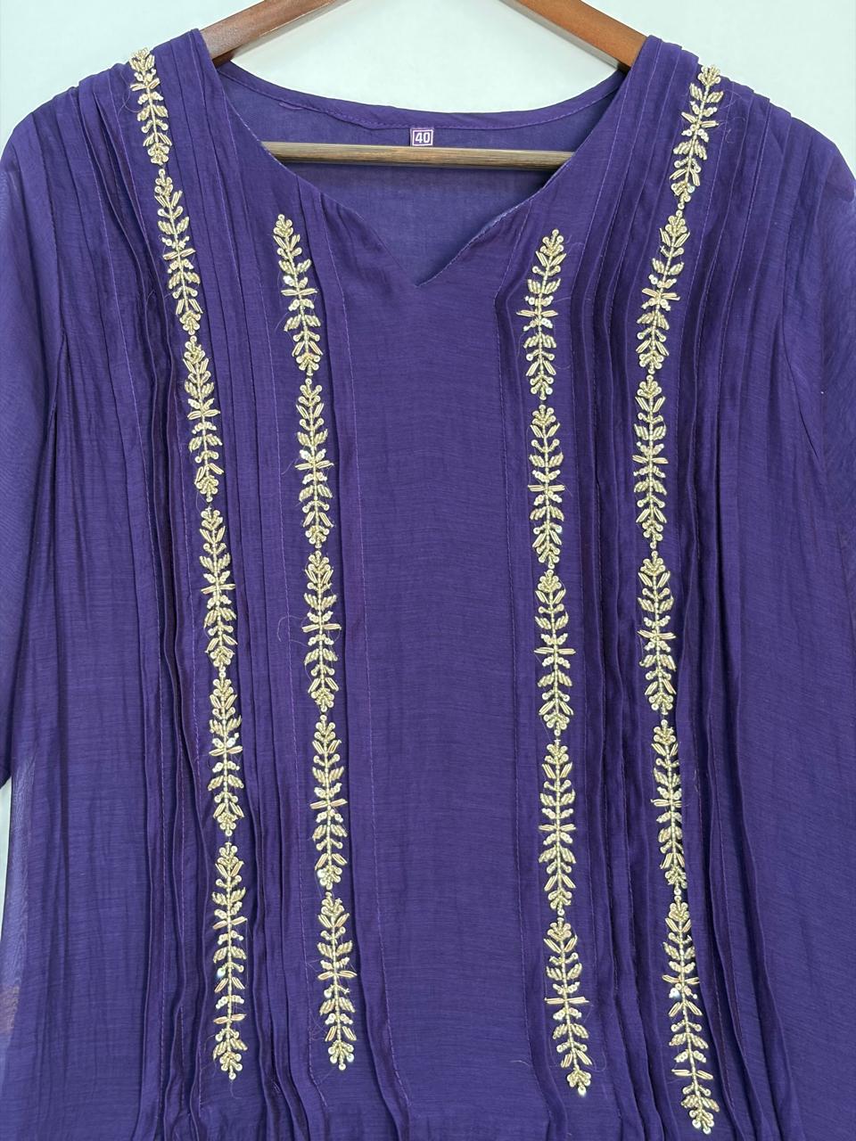 Purple Mul Chanderi Hand Embroidery Airline Kurtha 514