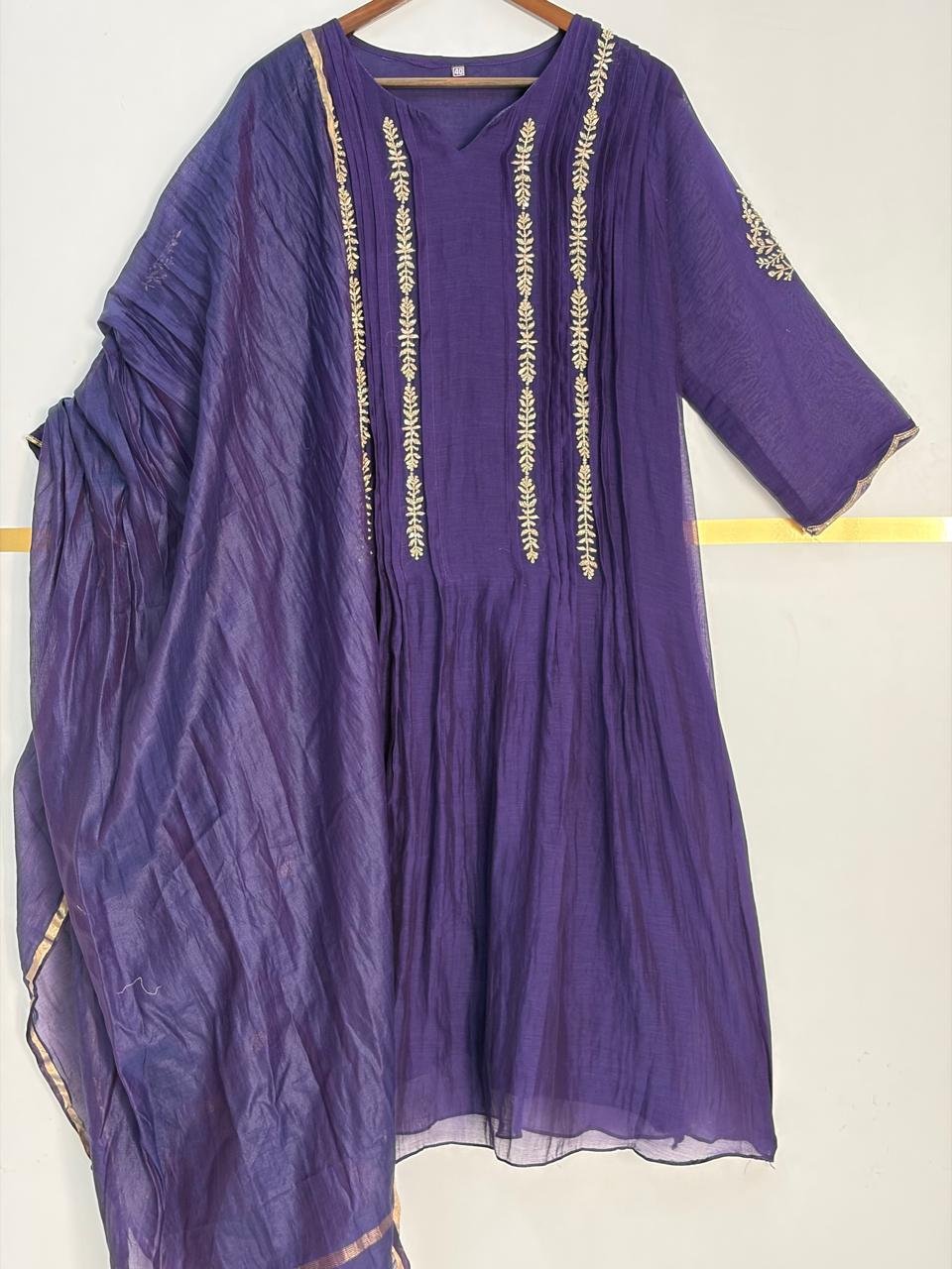 Purple Mul Chanderi Hand Embroidery Airline Kurtha 514