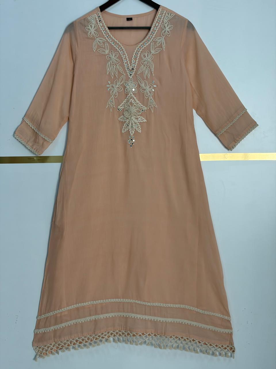 Peach Embriodery mul Cotton A Line Kurtha 151