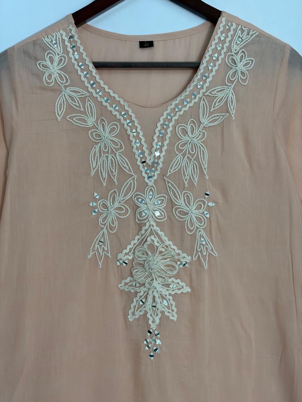 Peach Embriodery mul Cotton A Line Kurtha 151