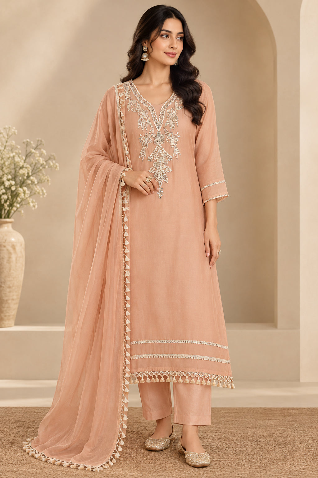 Peach Embriodery mul Cotton A Line Kurtha 151