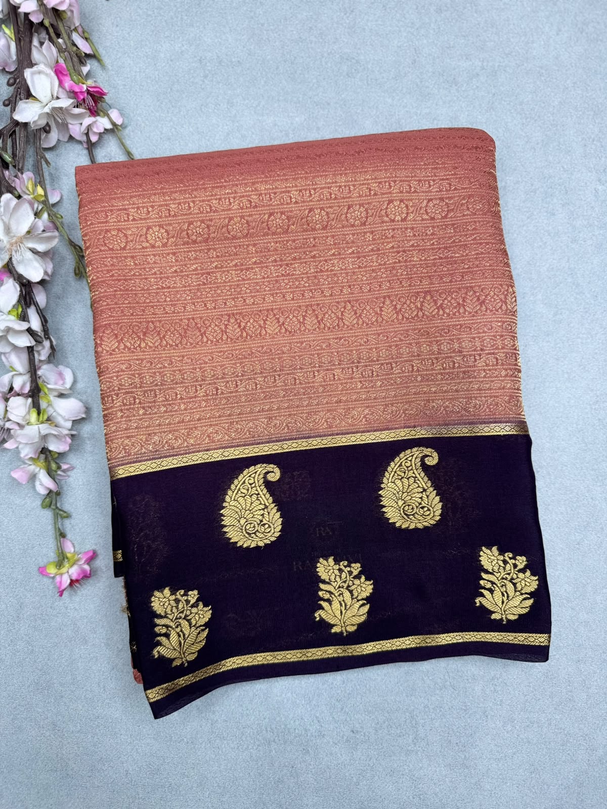 Peach Brocade Pure Mysore Crepe Silk Saree 110