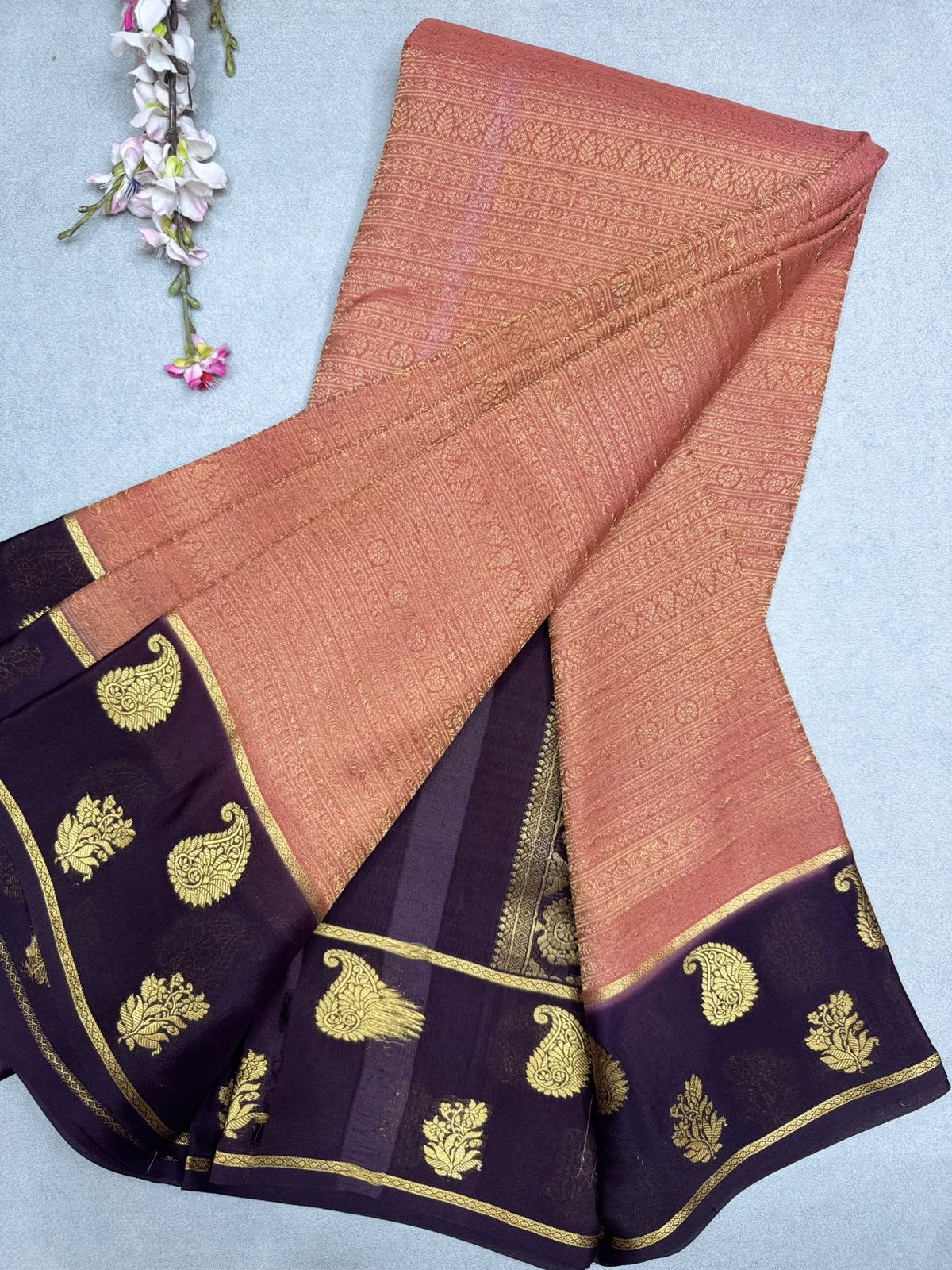 Peach Brocade Pure Mysore Crepe Silk Saree 110