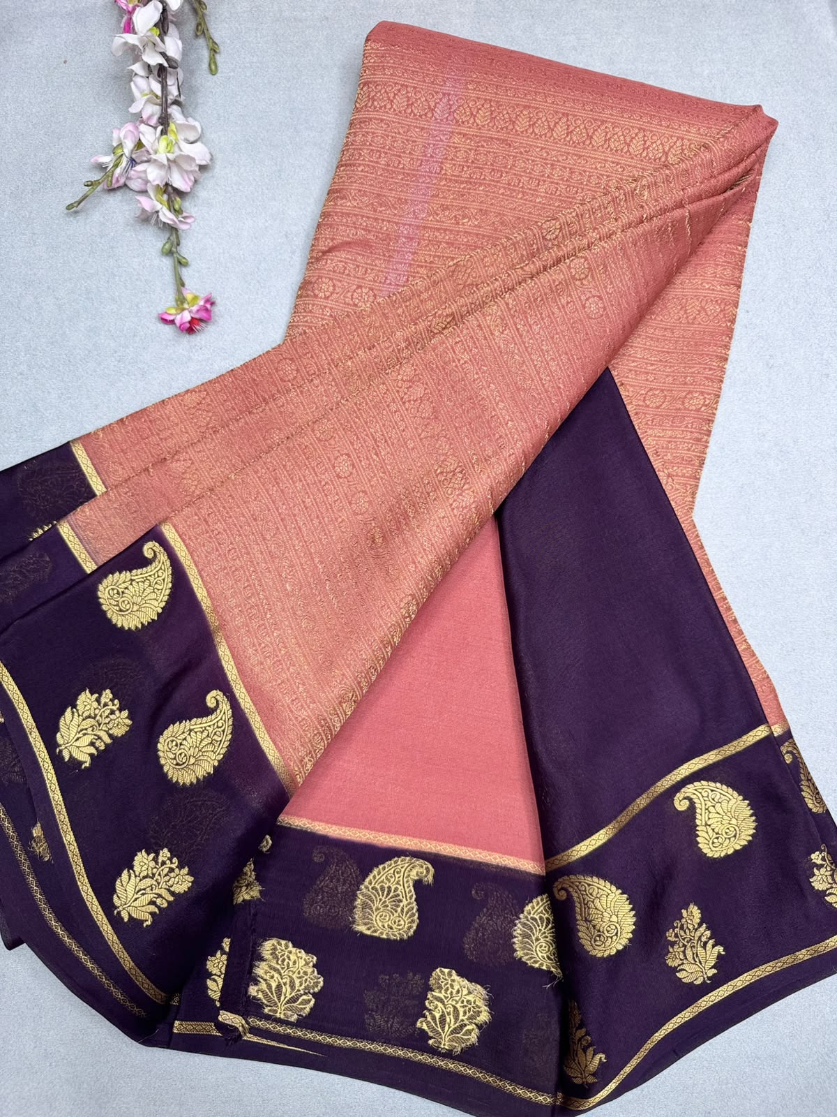 Peach Brocade Pure Mysore Crepe Silk Saree 110