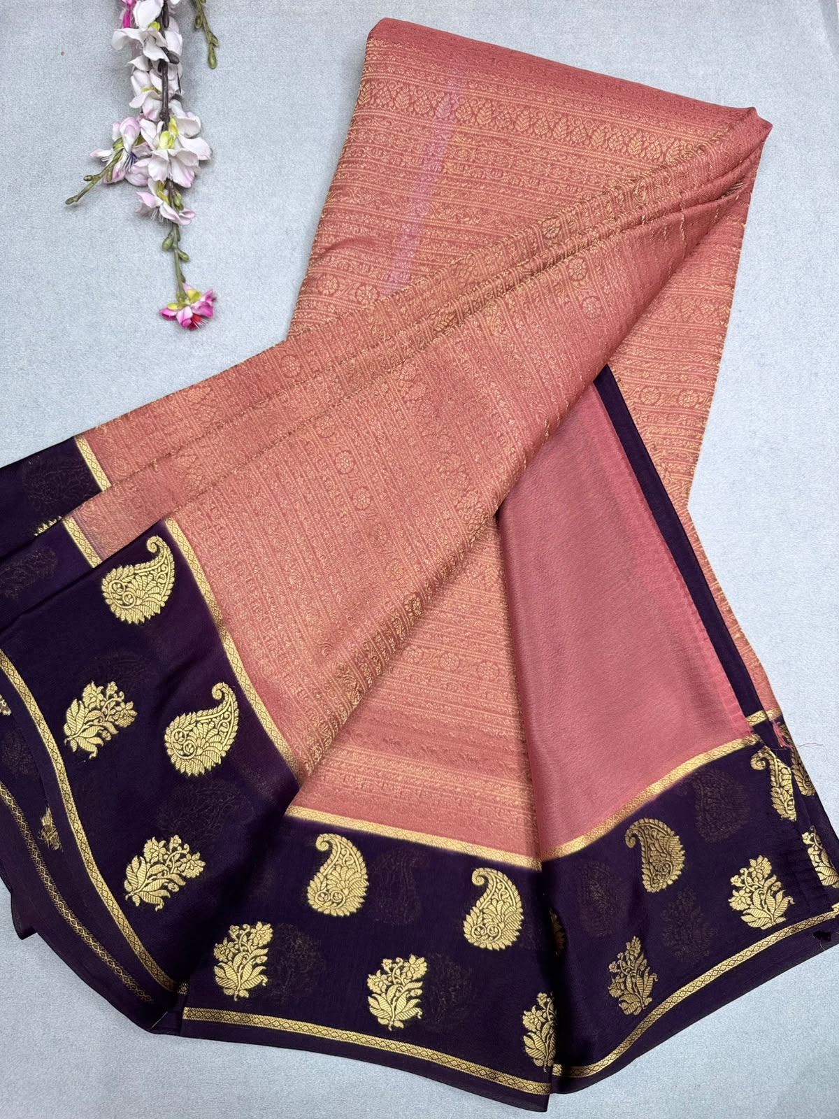 Peach Brocade Pure Mysore Crepe Silk Saree 110