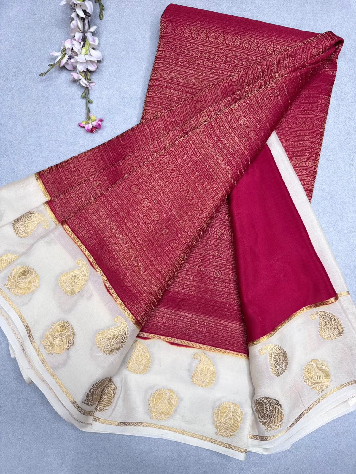 Red Brocade Pure Mysore Crepe Silk Saree 110