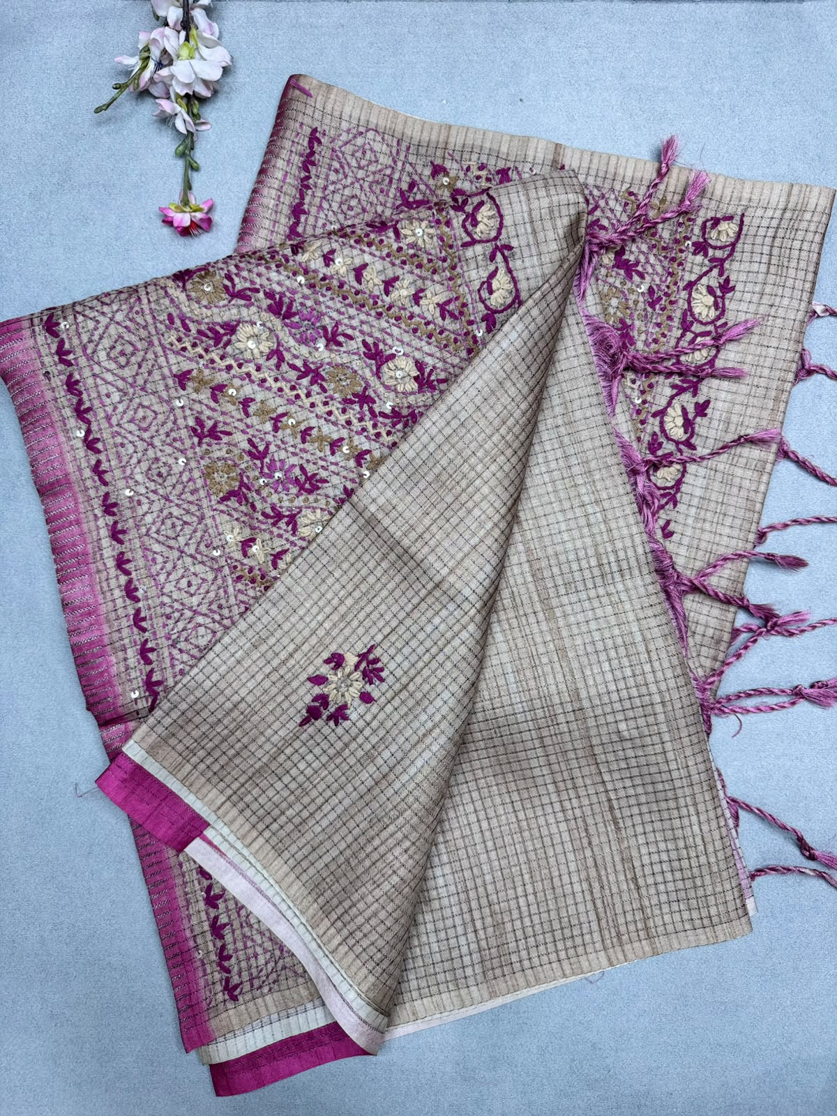 Pink Knot Work Semi Tussar Saree 110