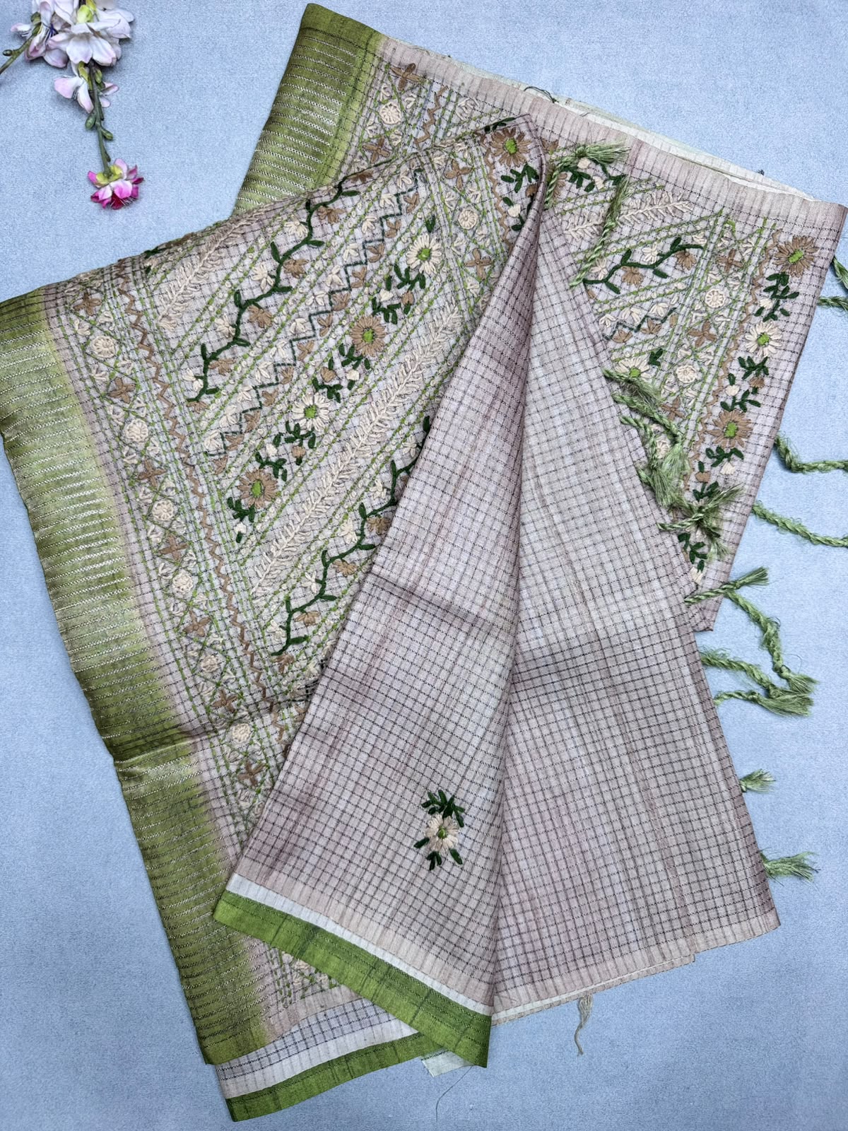 Green Knot Work Semi Tussar Saree 110
