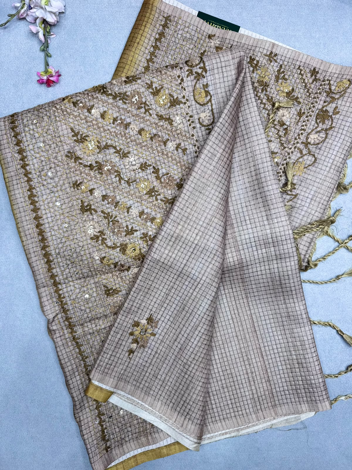 Mustard Knot Work Semi Tussar Saree 110