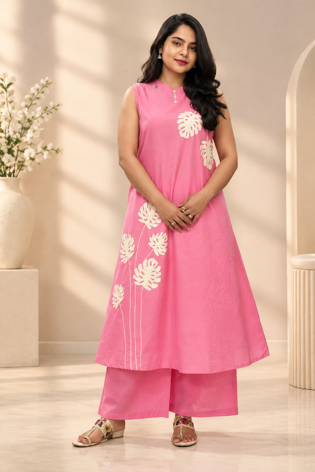Pink Cotton Thread Embroidery Cord set Kurtha 27