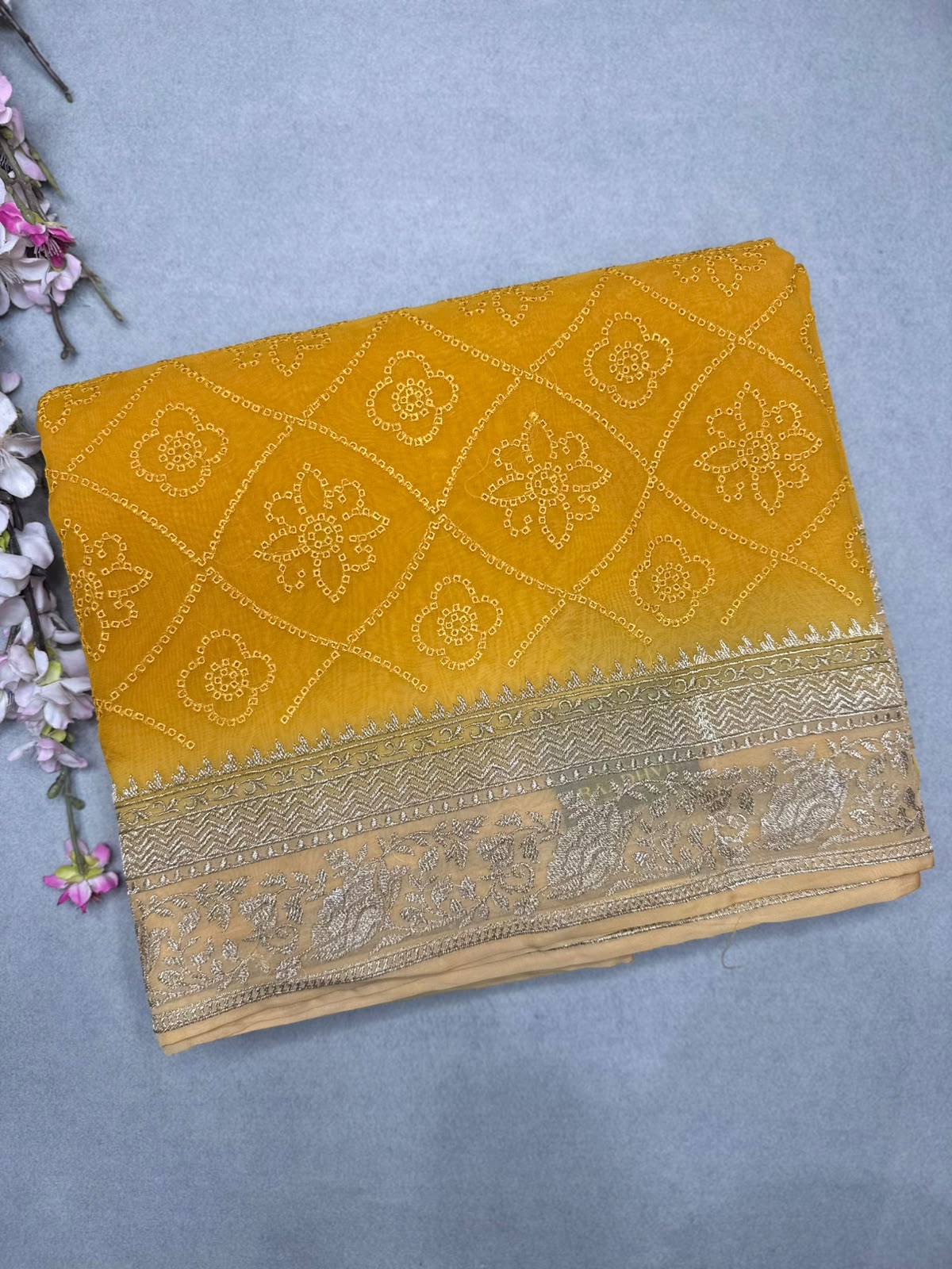 Mustard Chikankari Organza Saree 110