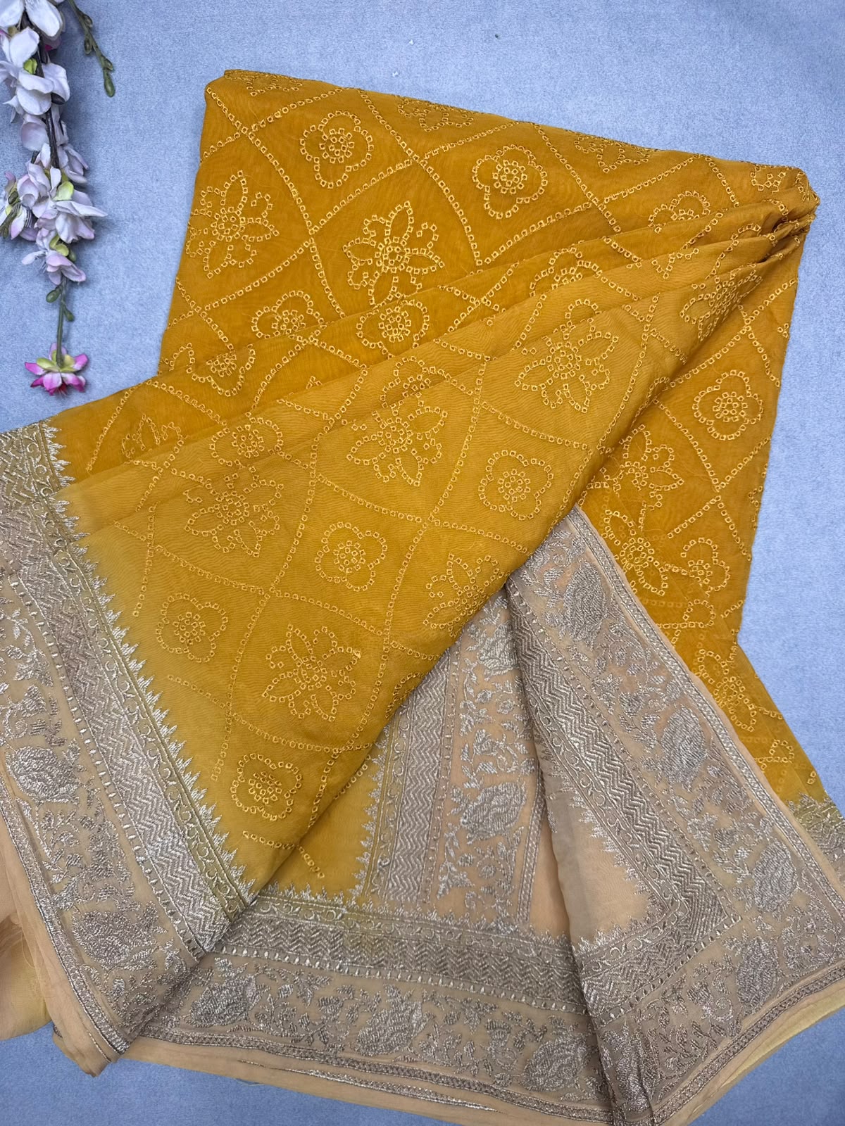 Mustard Chikankari Organza Saree 110