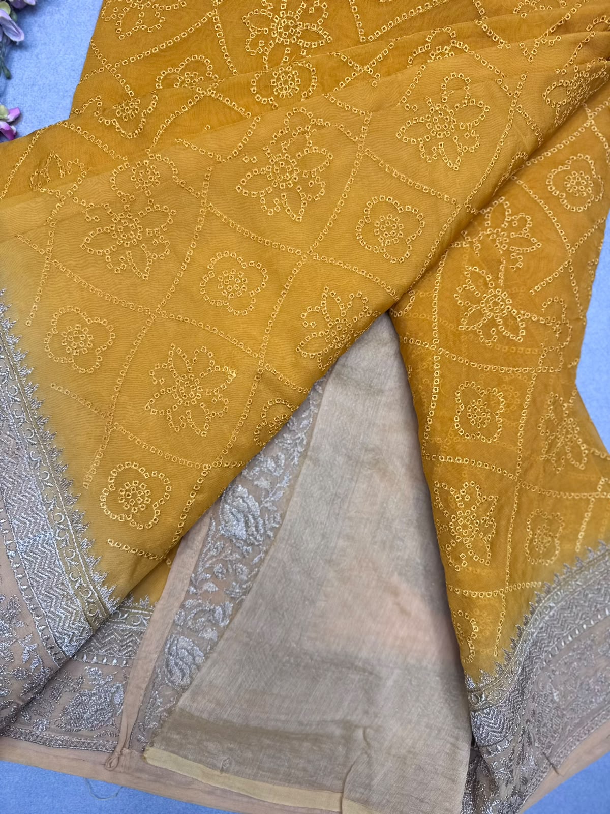 Mustard Chikankari Organza Saree 110