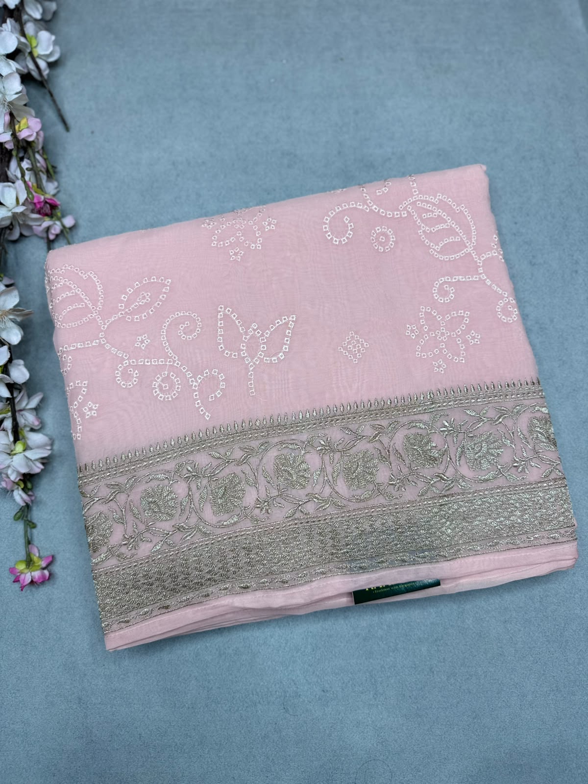 Peach Chikankari Organza Saree 110