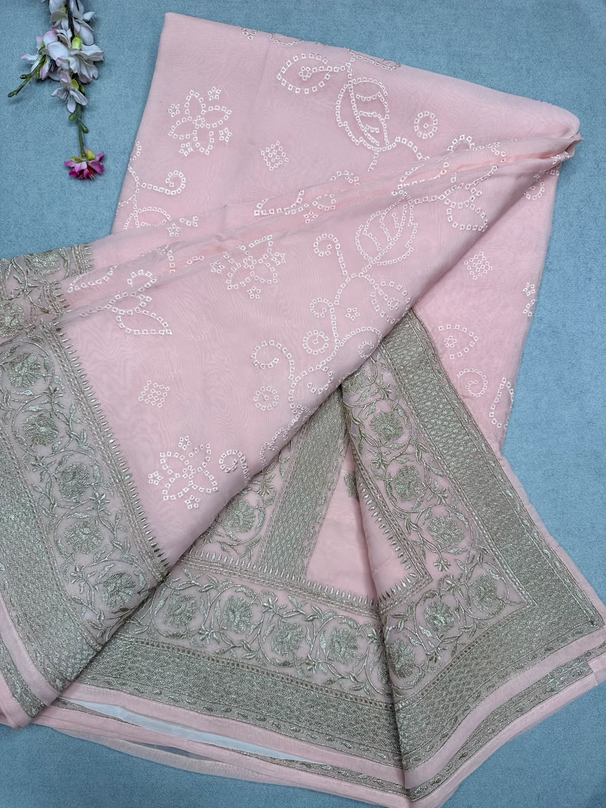 Peach Chikankari Organza Saree 110