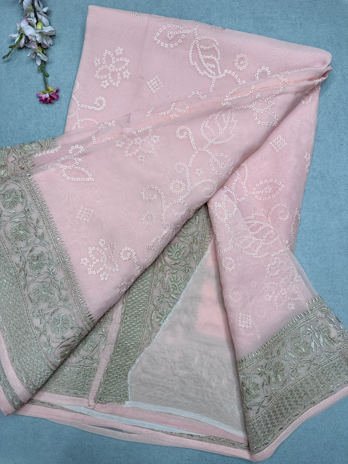 Peach Chikankari Organza Saree 110