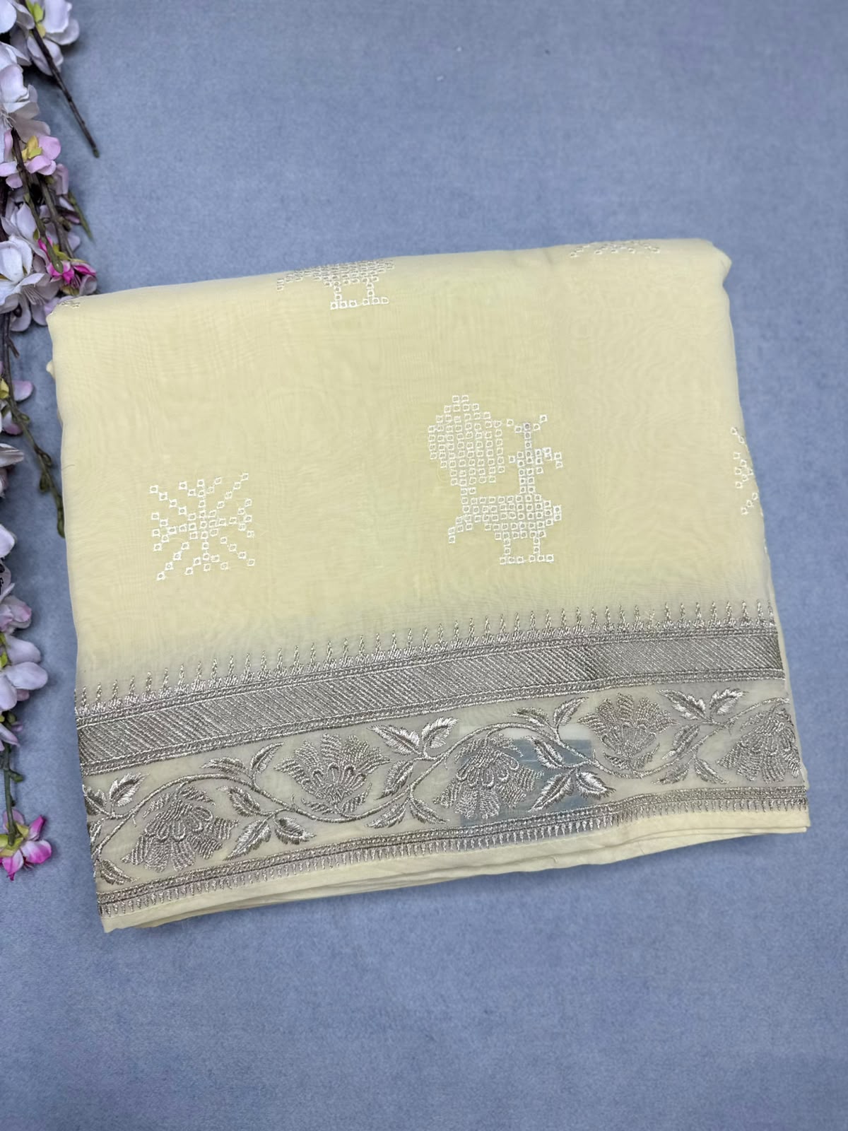Pastel Yellow Chikankari Organza Saree 110