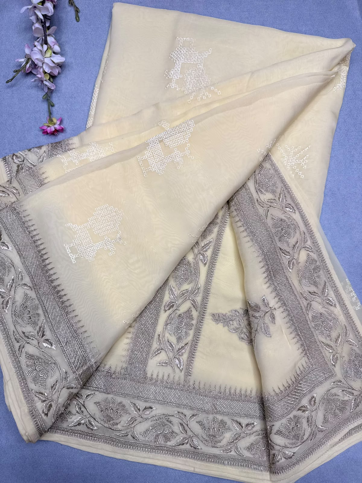 Pastel Yellow Chikankari Organza Saree 110
