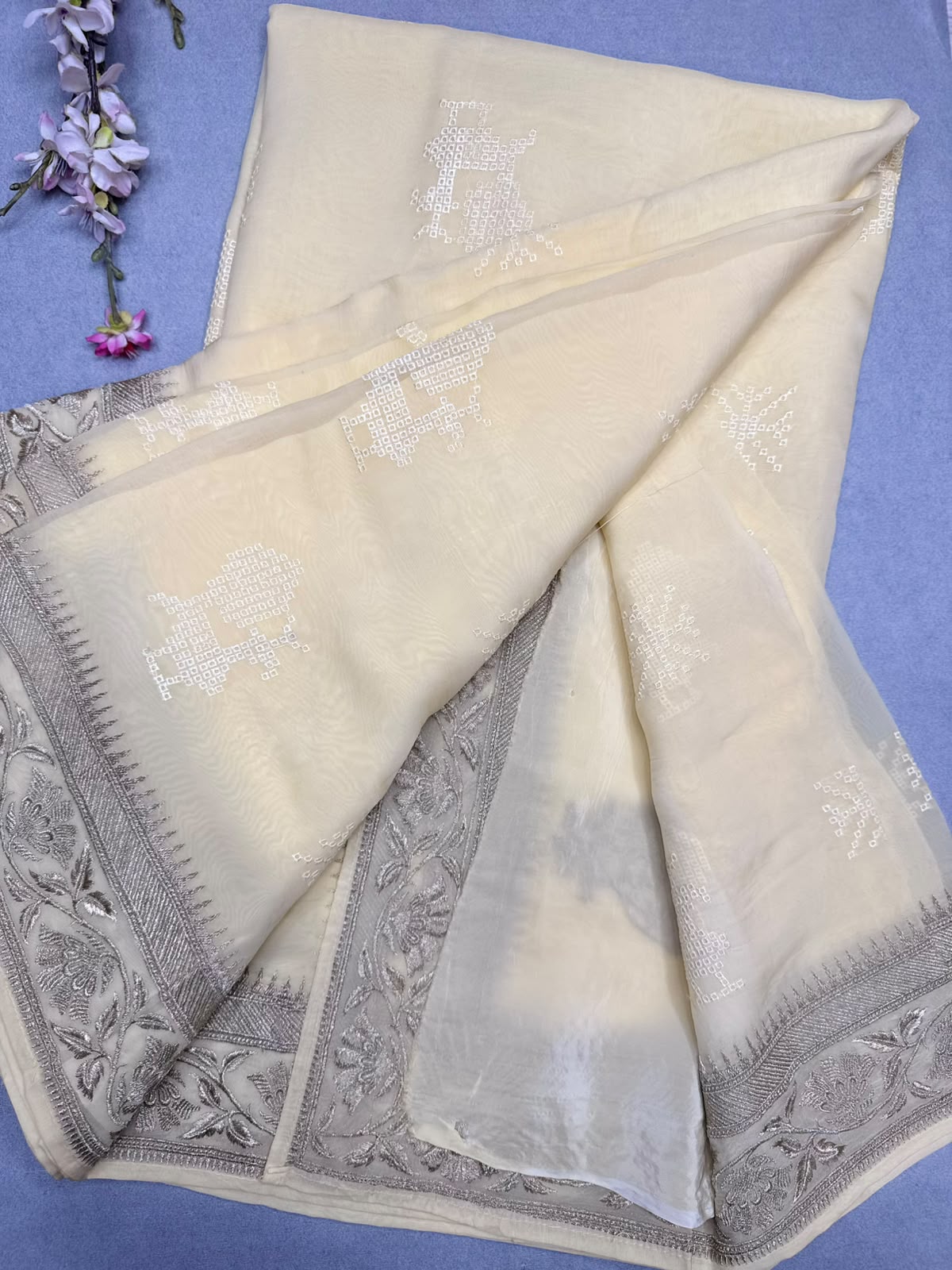 Pastel Yellow Chikankari Organza Saree 110