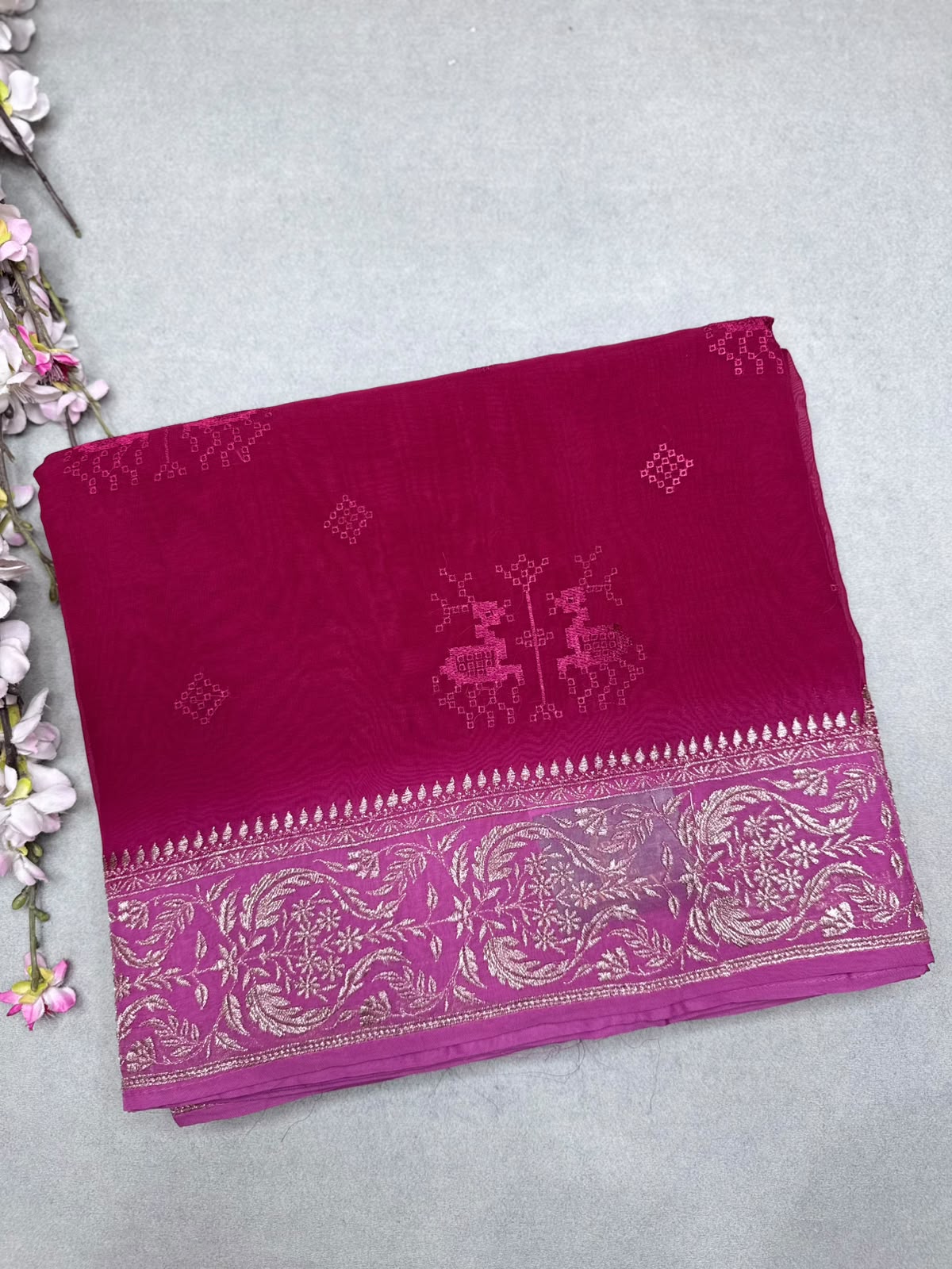 Red Chikankari Organza Saree 110