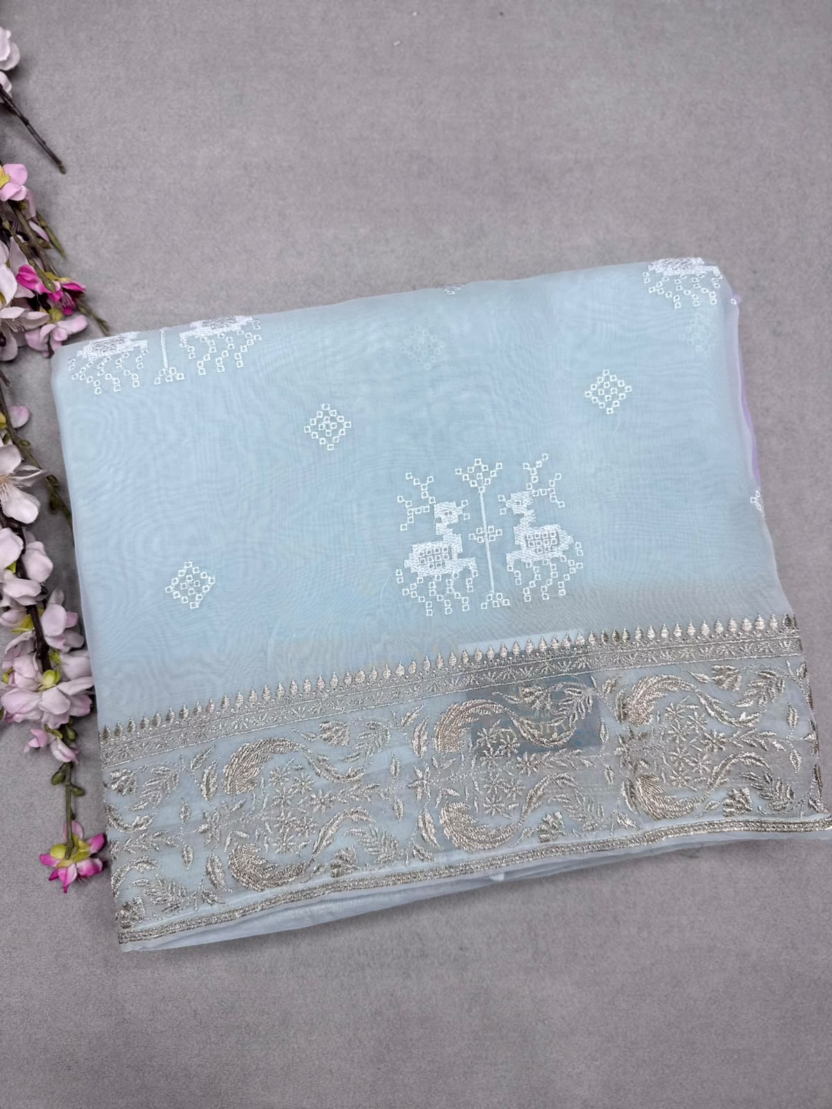 Blue n Lavender Chikankari Organza Saree 110