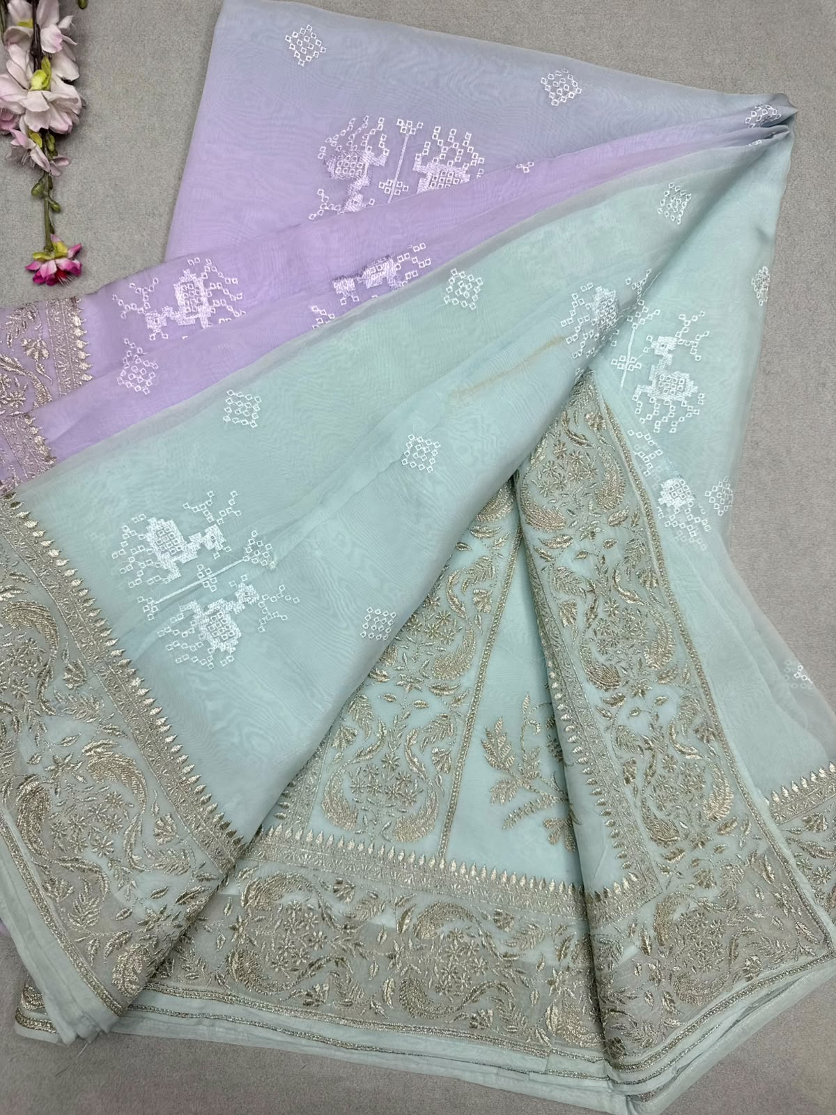 Blue n Lavender Chikankari Organza Saree 110