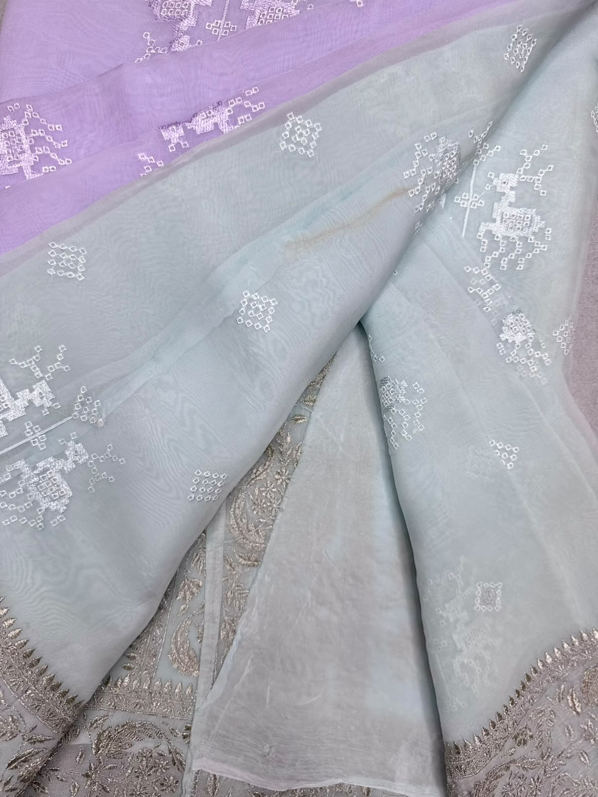 Blue n Lavender Chikankari Organza Saree 110